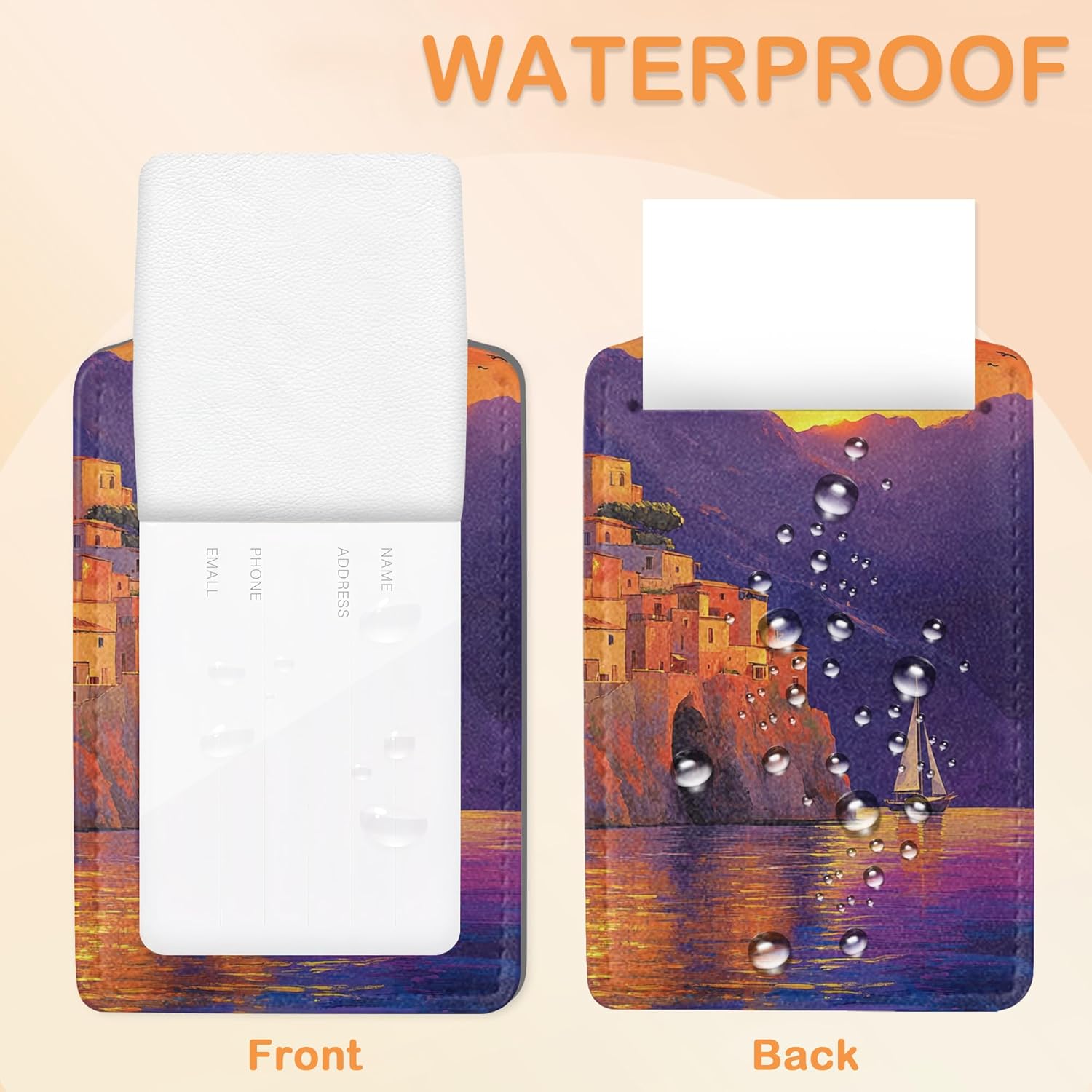Retro Seaside Village 3 PCS PU Leather Luggage Tags for Suitcase, Sunset Luggage Tag with Privacy