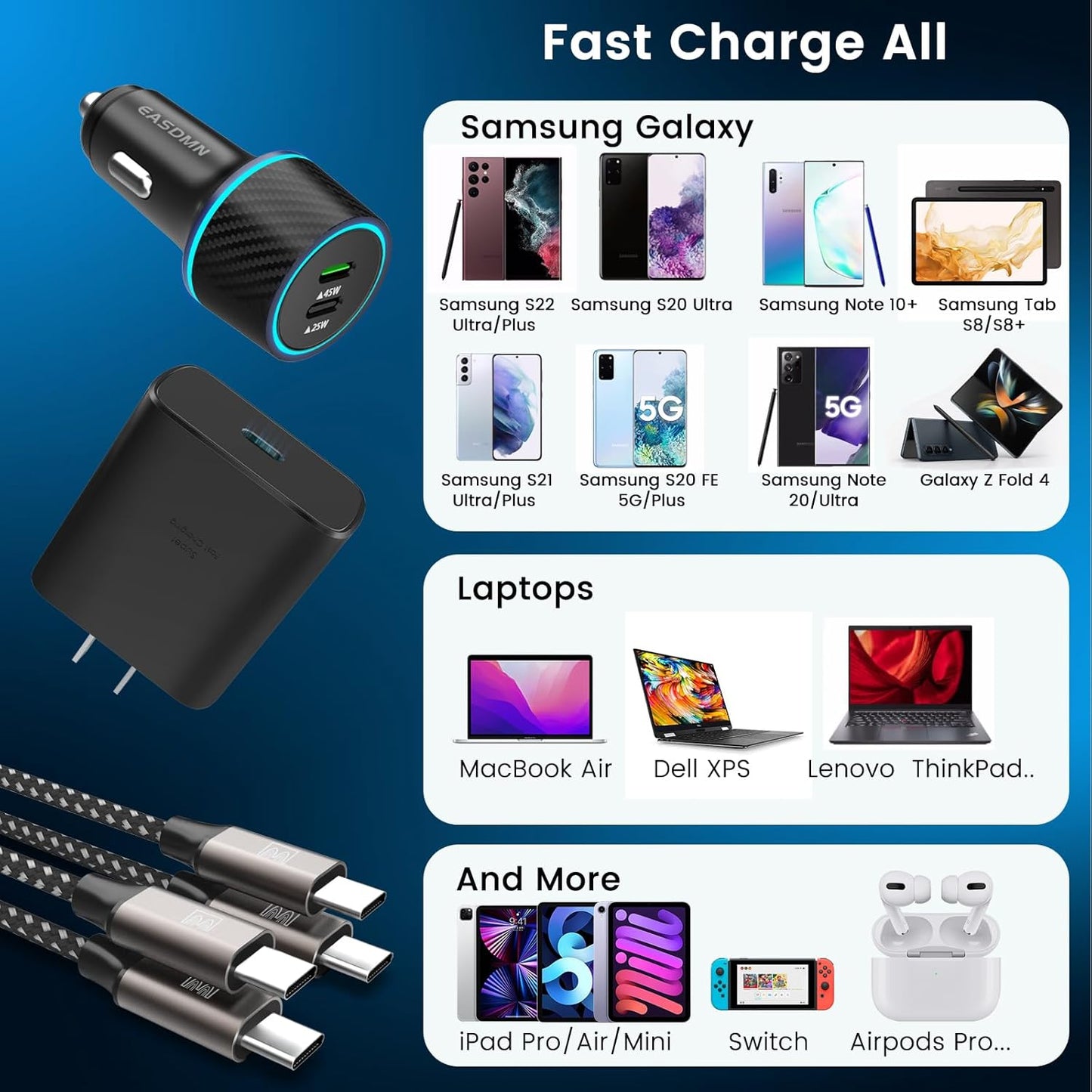 45W USB-C Charger, 2-Pack 45 Watt Super Fast Charger Type C PPS Wall/Car Charger for Galaxy S24 Ultra/S24+/S23 Ultra/S23+/S23/S22 Ultra/Note 10+, Tab S9 (12FT+6.6FT 5A Type C Cable)