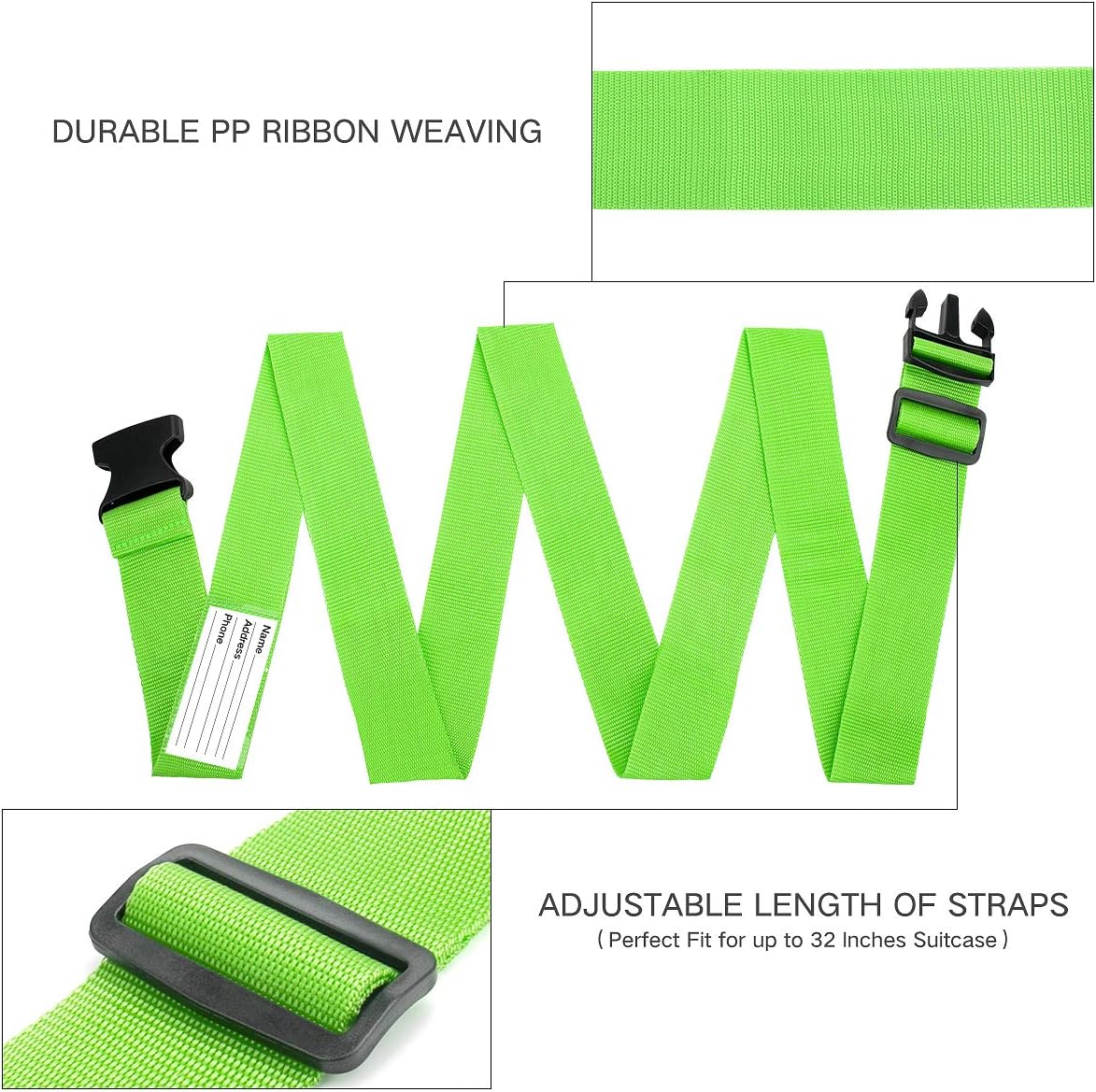 Luxebell Luggage Straps Suitcase Belt TSA Approved Travel Accessories Gift 4-Pack 6.56ft (Green)