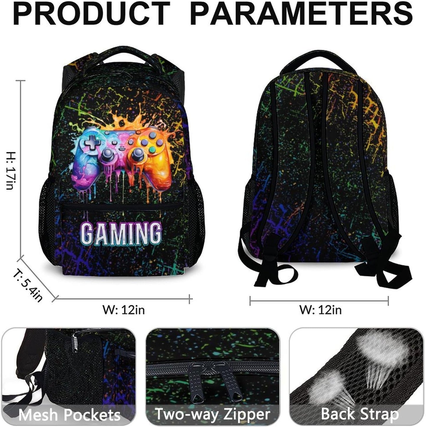 School Backpack for Boys, Back to School Supplies Gifts for Gamer Lovers, 17" Cool Gaming Backpacks for Preschool Elementary, Black Large Capacity Game Bookbag for Kids Students