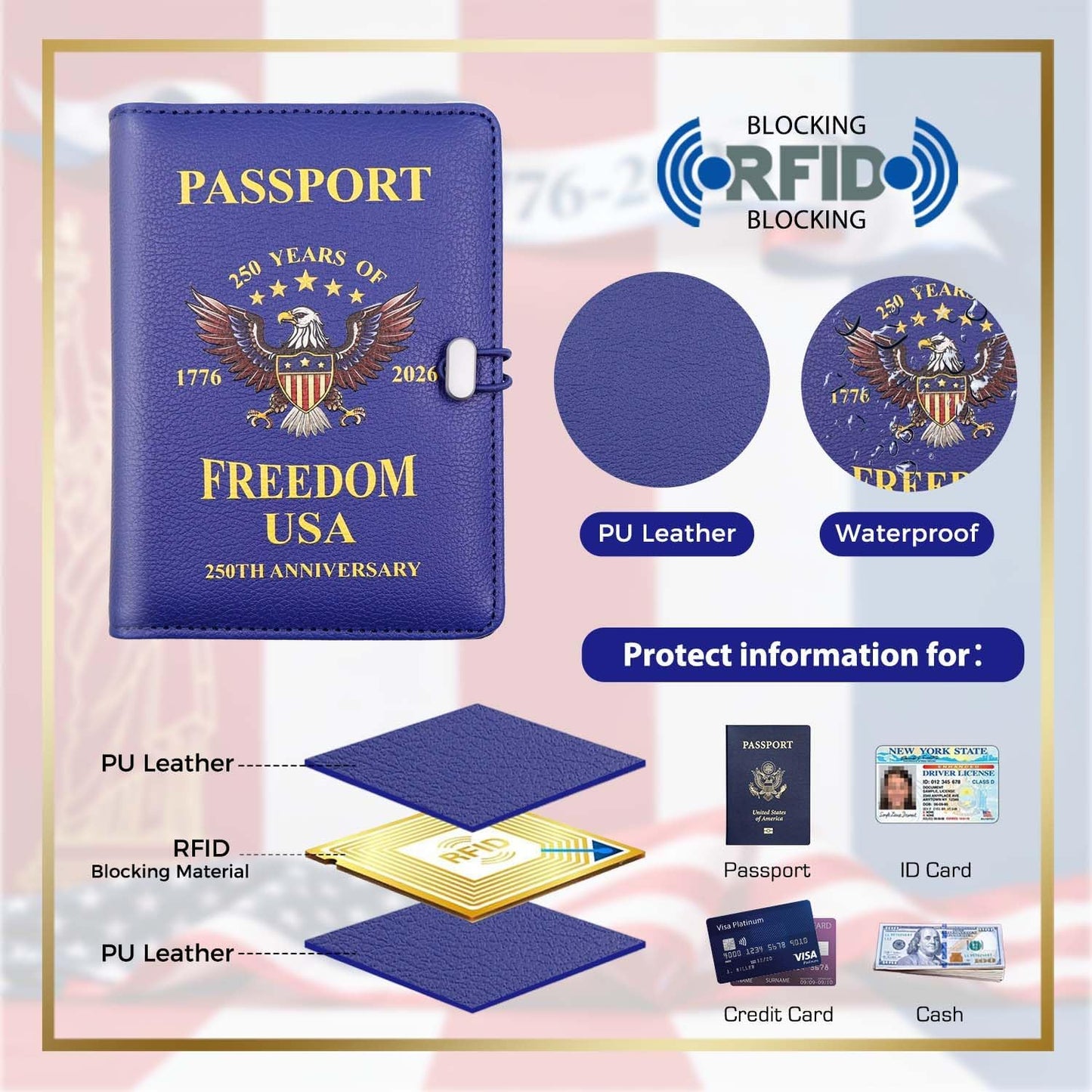Melsbrinna Passport Holder for Travel,United States 250th Anniversary Passport Holder,Passport Cover Case for Travel,RFID Blocking Travel Wallet Holders for Women and Men (Blue)