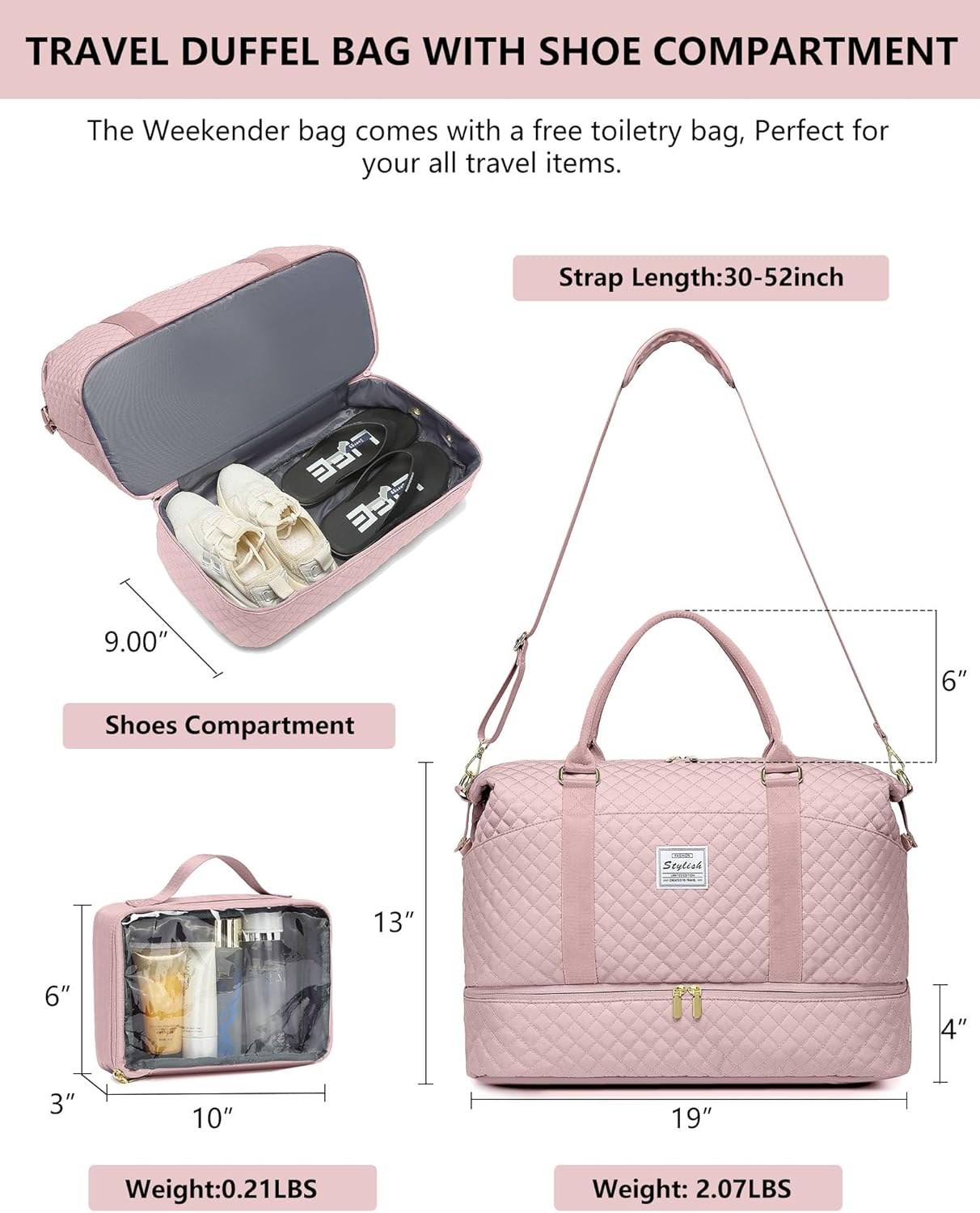 Weekender Duffle Bags for Women - Travel Duffel with Shoe Compartment, Carry On Overnight Bag, Gym