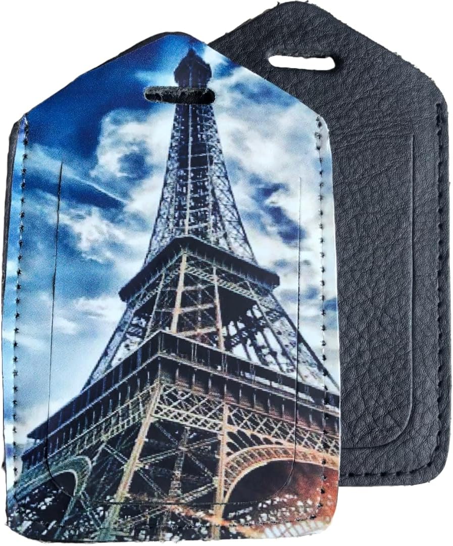Mulch Leather Genuine Cow Leather Luggage Tag for Baggage ID Tags Travel Bag Tags for Suitcases Privacy Cover ID Label (Eiffel Tower)