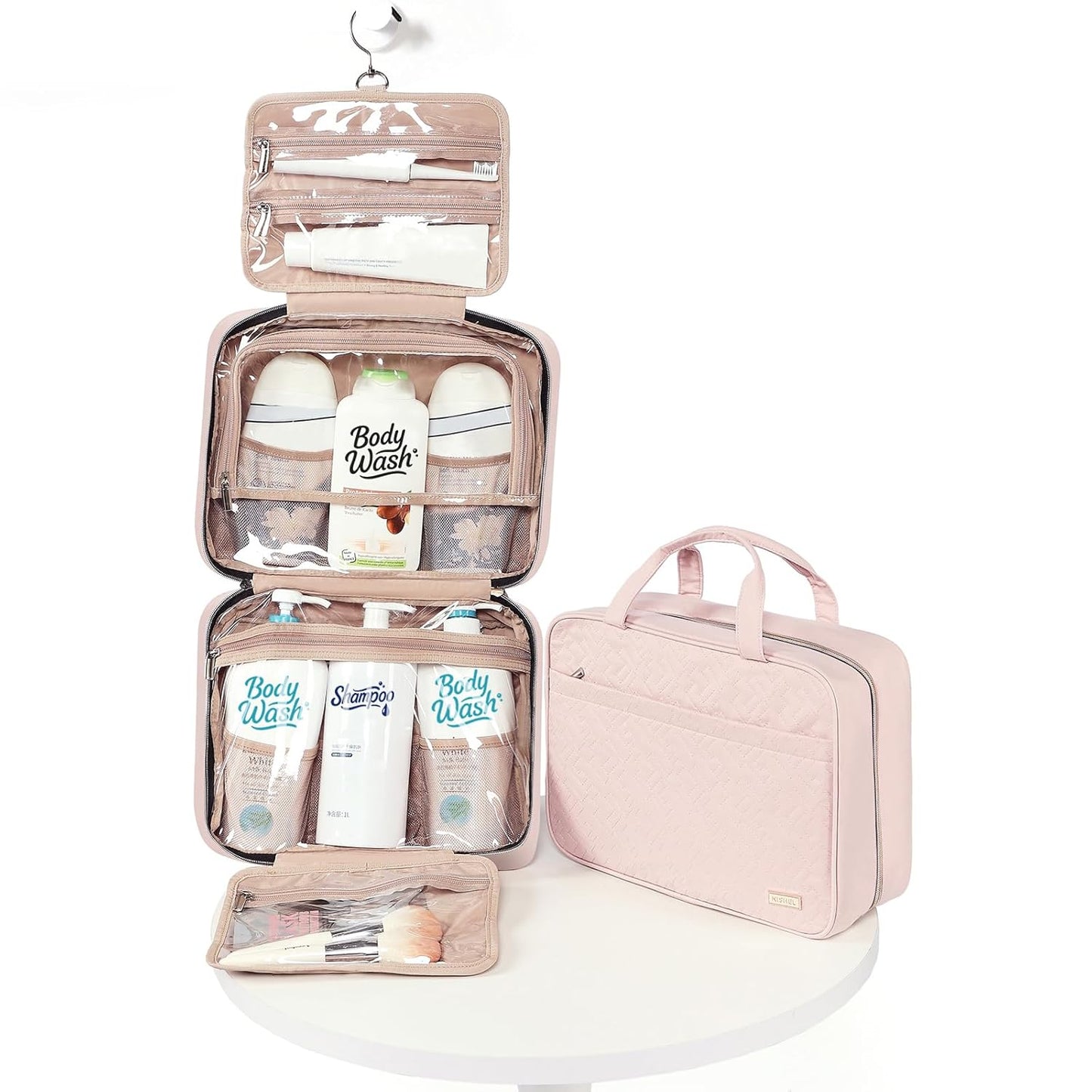 NISHEL Travel Toiletry Bag for women, Portable Hanging Organizer for Family-Sized Shampoo