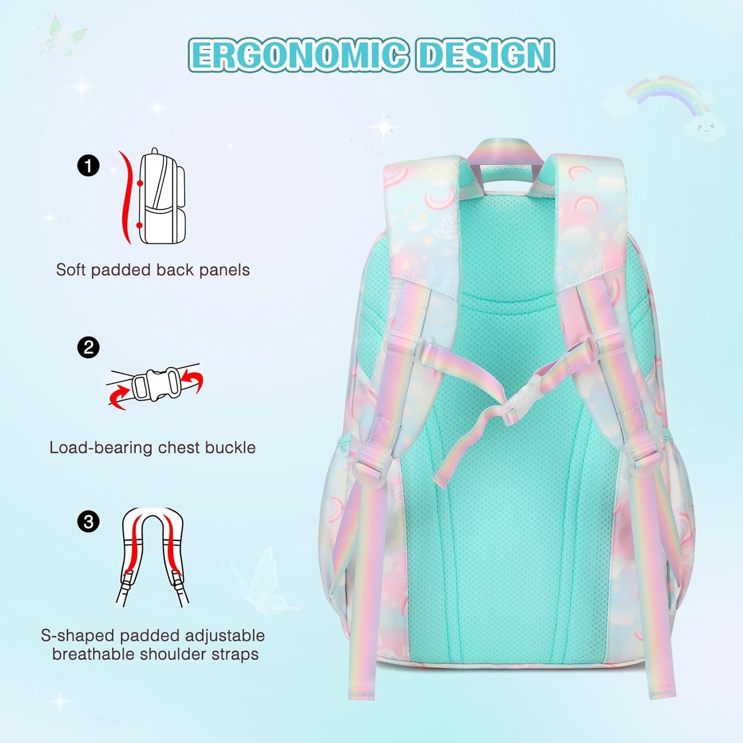 Rainbow Butterfly Backpack Set with Lunch Bag & Pencil Case, Kids' Kindergarten to Middle School Book Bag, Green