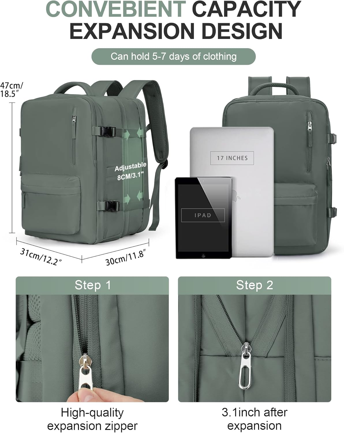WONHOX Large Travel Backpack Carry on Flight Approved Laptop Work Business Backpack for Women Men