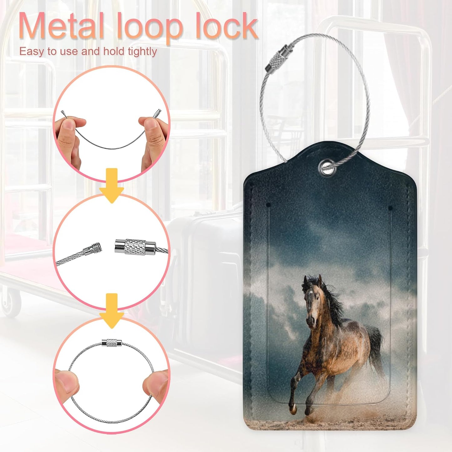 Leather Luggage Tags for Adults Teens,2 Pack Wild Horse in Dust Travel Bag Suitcase Labels with Stainless Steel Loop ID Tags Card Baggage Bag Label