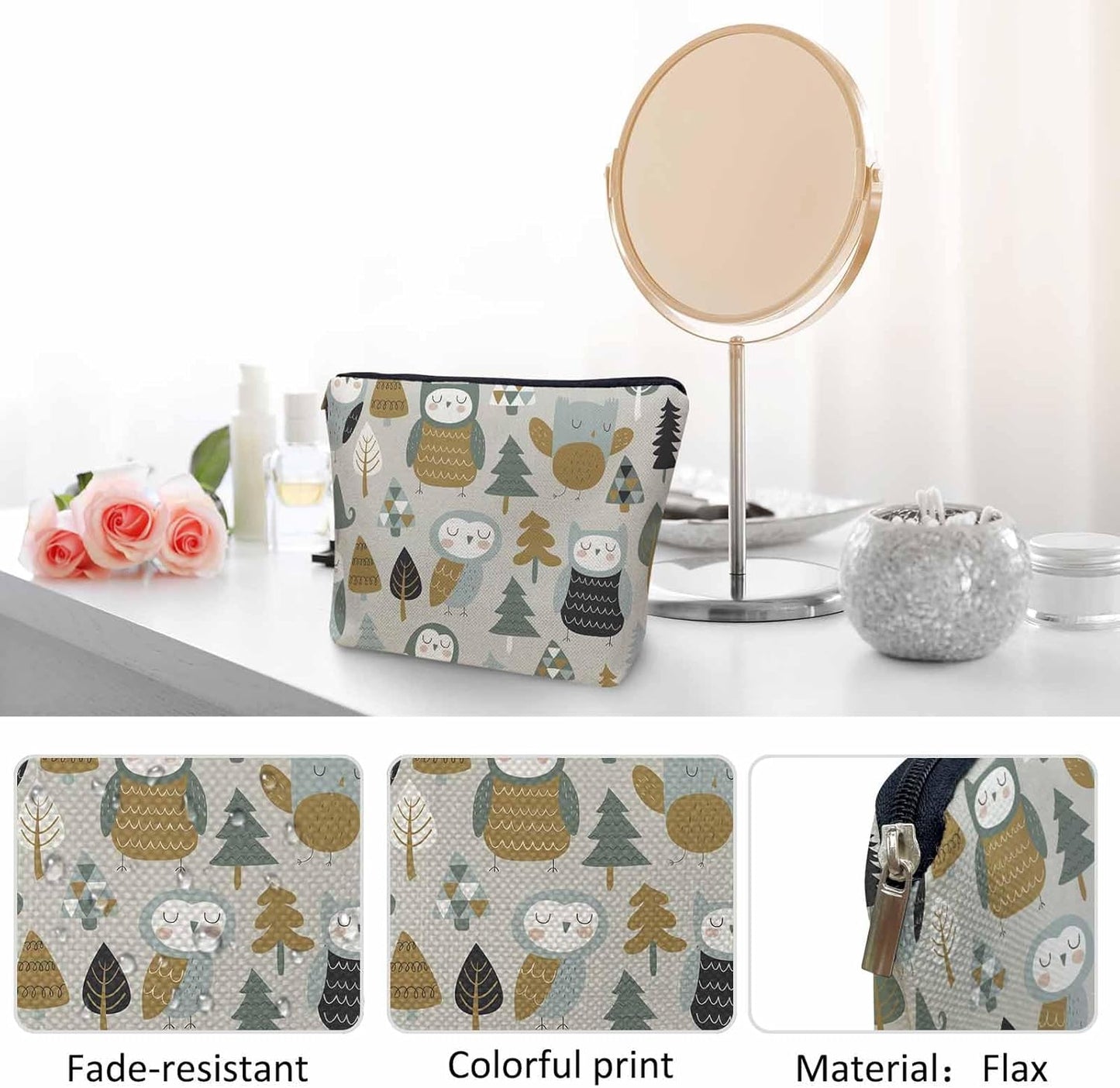 Owl Cosmetic Travel Bag, Cute Owls Woodland Trees Makeup Bag, Toiletry Bags for Women, Flax Cosmetic Bags, Make Up Bag Purse Toiletries Bag Birthday Gift