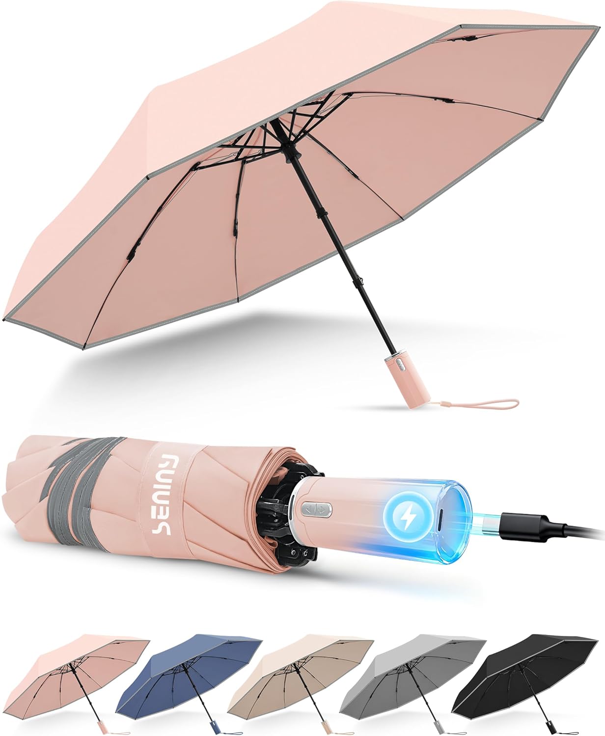 Seniny Electric Travel Umbrella with Intelligent Open Close, Rechargeable Umbrellas for Rain