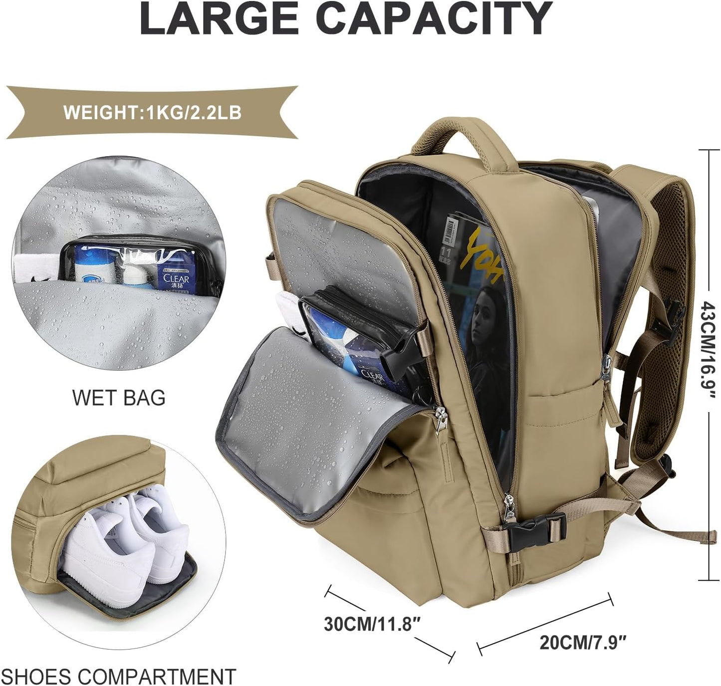 WONHOX Large Travel Backpack Carry on Flight Approved Laptop Work Business Backpack for Women Men