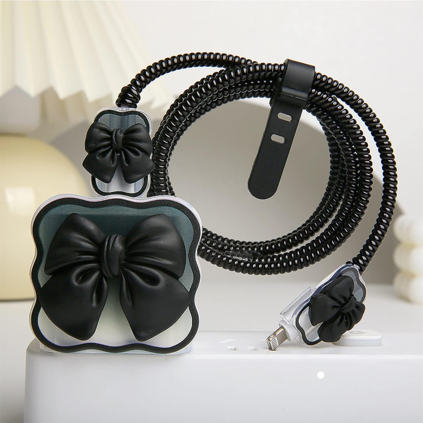 Compatible with iPhone 18W/20W USB-C Charger Cover Cute 3D Bow Tie Design Clear Soft Charger Protector Kawaii Cable Saver for iPhone 11 12 13 14 Pro Max Fast Power Adapter, Black 2 (5in1)