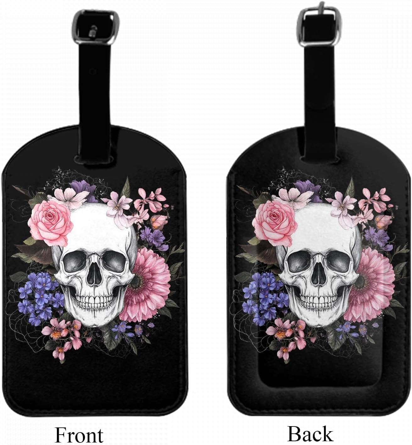 Skull and Flowers Leather Luggage Bag Case Tags Day of The Dead Horrible Baggage Suitcase Labels Name Tags Travel Accessories for Adult Women Men, 1 Pack Black