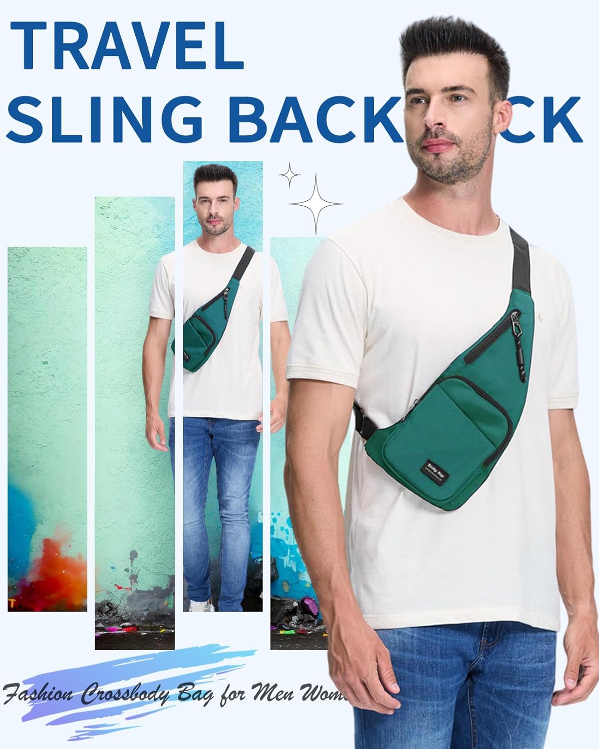 Seoky Rop Sling Bag for Men Women Slim Personal Purse Pocket Small Anti-Thief Crossbody Chest Bag for Travel Hiking Teal Green
