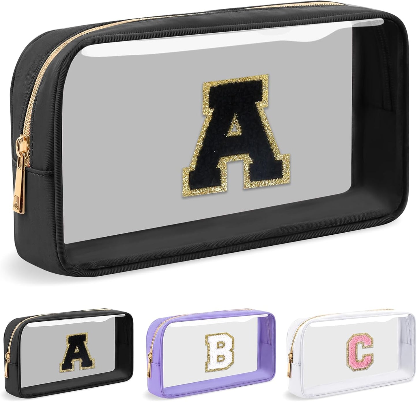 Personalized Initial Letter Clear Makeup Bag,Preppy Small Nylon&PVC Cosmetic Zipper Bag with Chenille Letter,Travel Skincare Toiletry Bag,Monogram Christmas Gift for Teen Girls Women,A