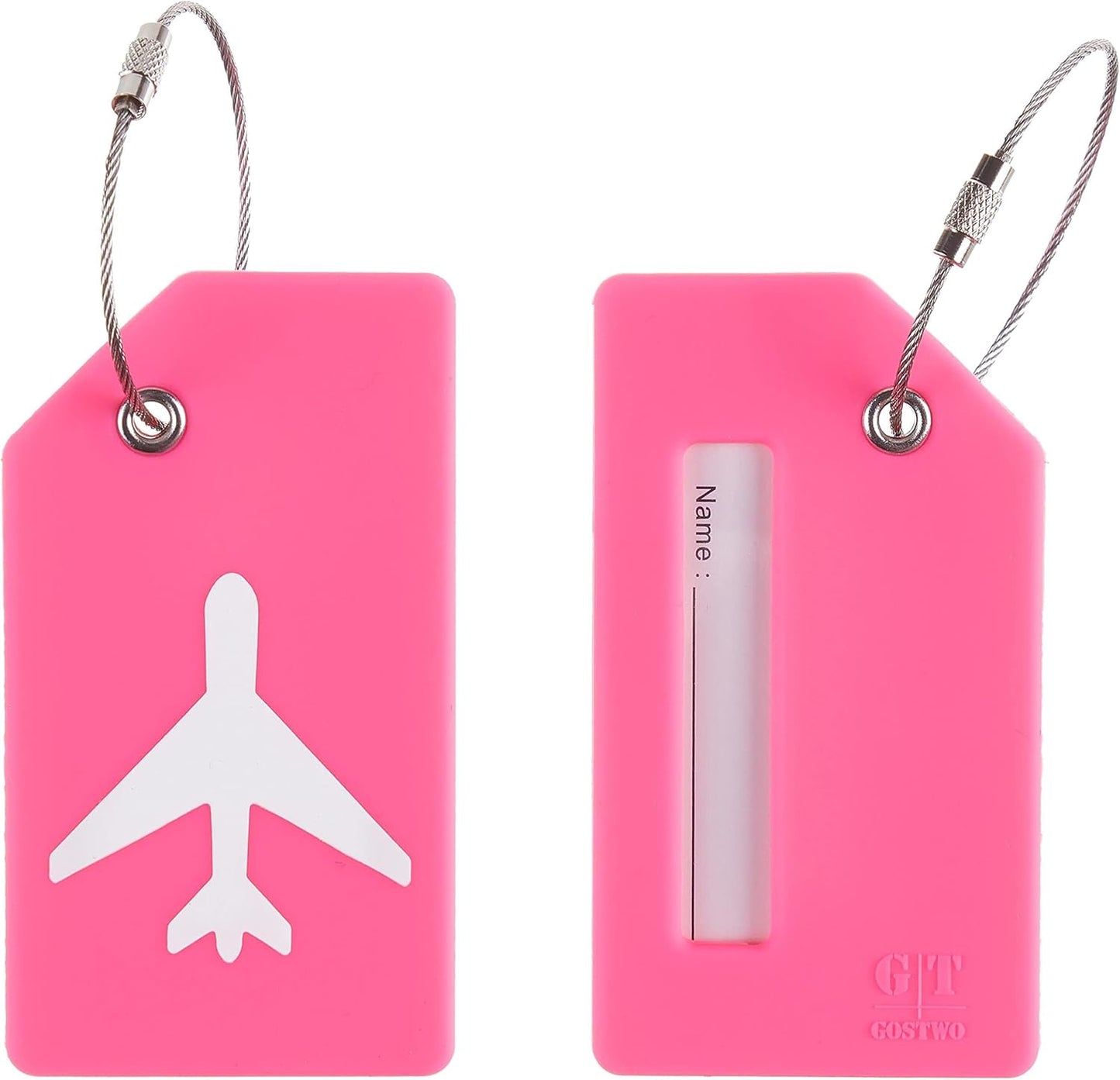 Gostwo 2 Pack Silicone Luggage Tags for Suitcases, 26 Initial Letter Baggage Labels Handbag School Bag Suitcase Instrument Tag with Stainless Steel Loop(Rose Hermosa)(Airplane)