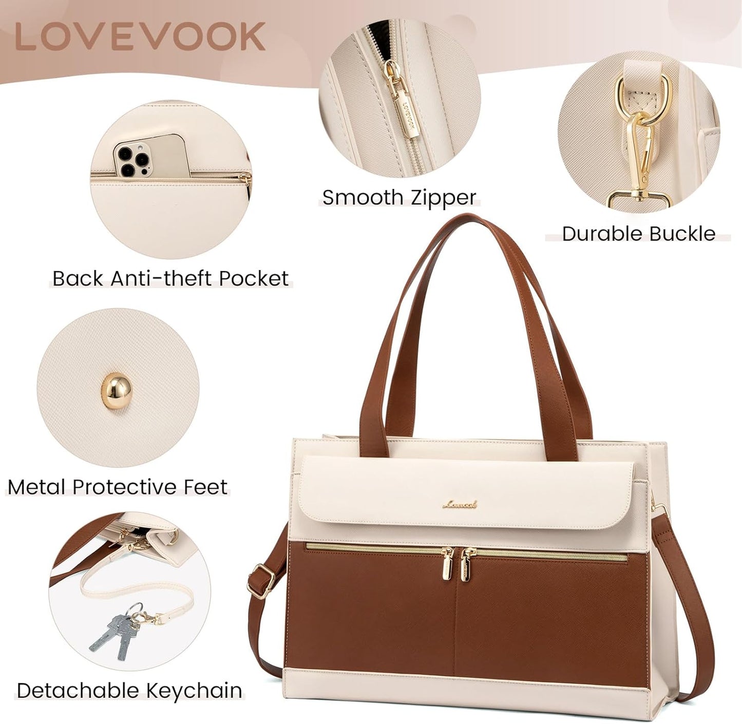 LOVEVOOK Laptop Tote for Women - 15.6 Inch Professional Leather Computer Briefcase with Waterproof Handbag Shoulder Bag Large Capacity Business Teacher Office Crossbody Purse