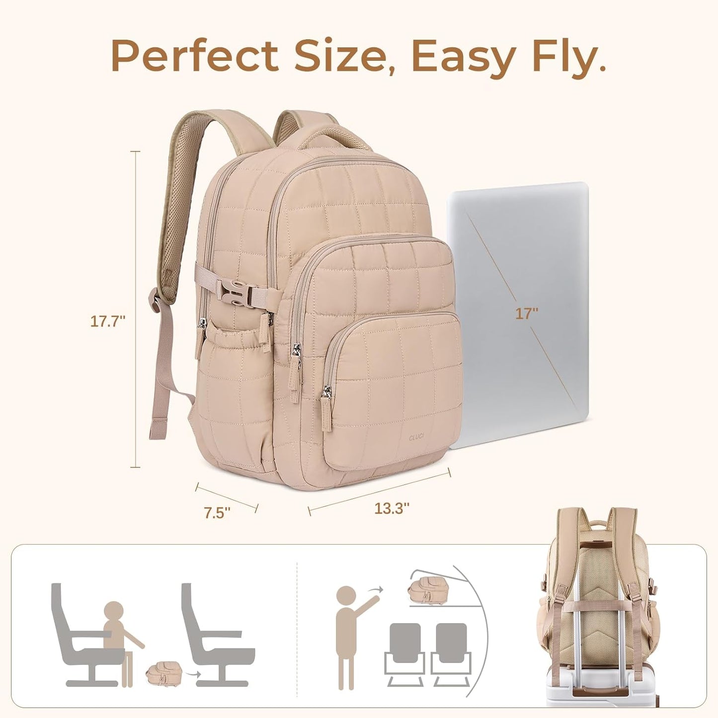 CLUCI 17.3 Inch Laptop Backpack for Women, Anti Theft Travel Backpack, Puffer Quilted Work