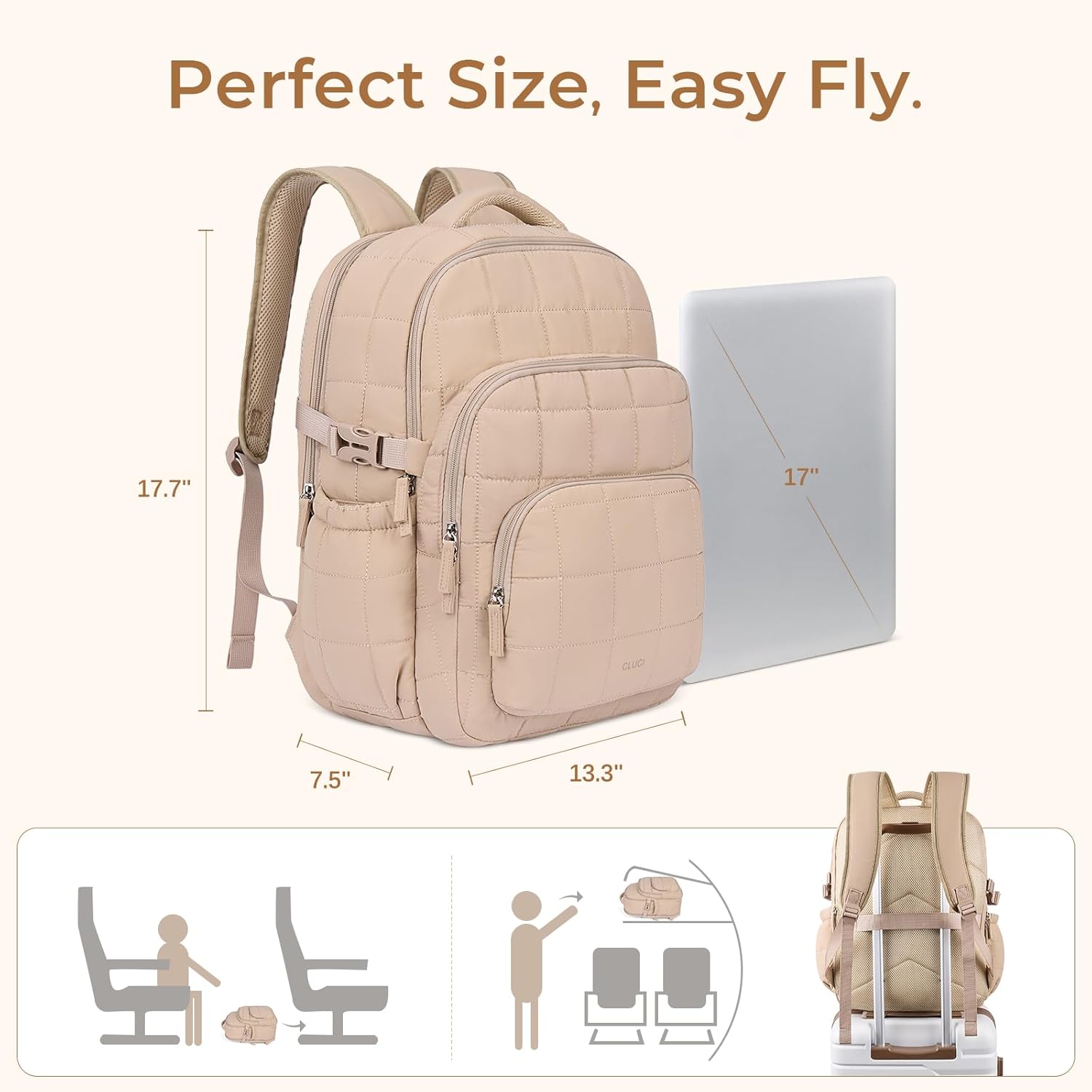 CLUCI 17.3 Inch Laptop Backpack for Women, Anti Theft Travel Backpack, Puffer Quilted Work