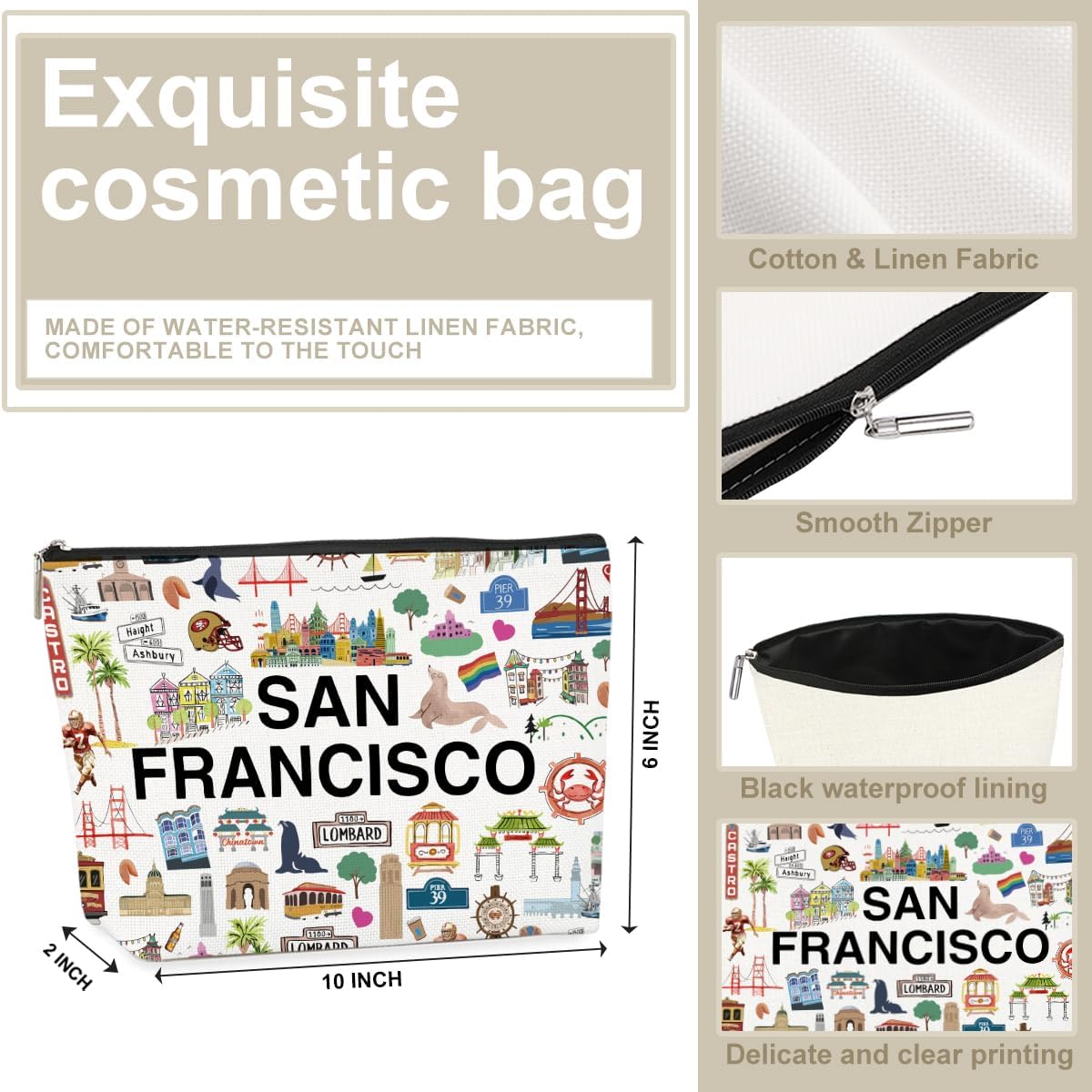 San Francisco Themed Makeup Bag - San Francisco Souvenirs Gift for Women, Best Friend, Sister - Travel Friendly Cosmetic Bag, Birthday Christmas Gifts