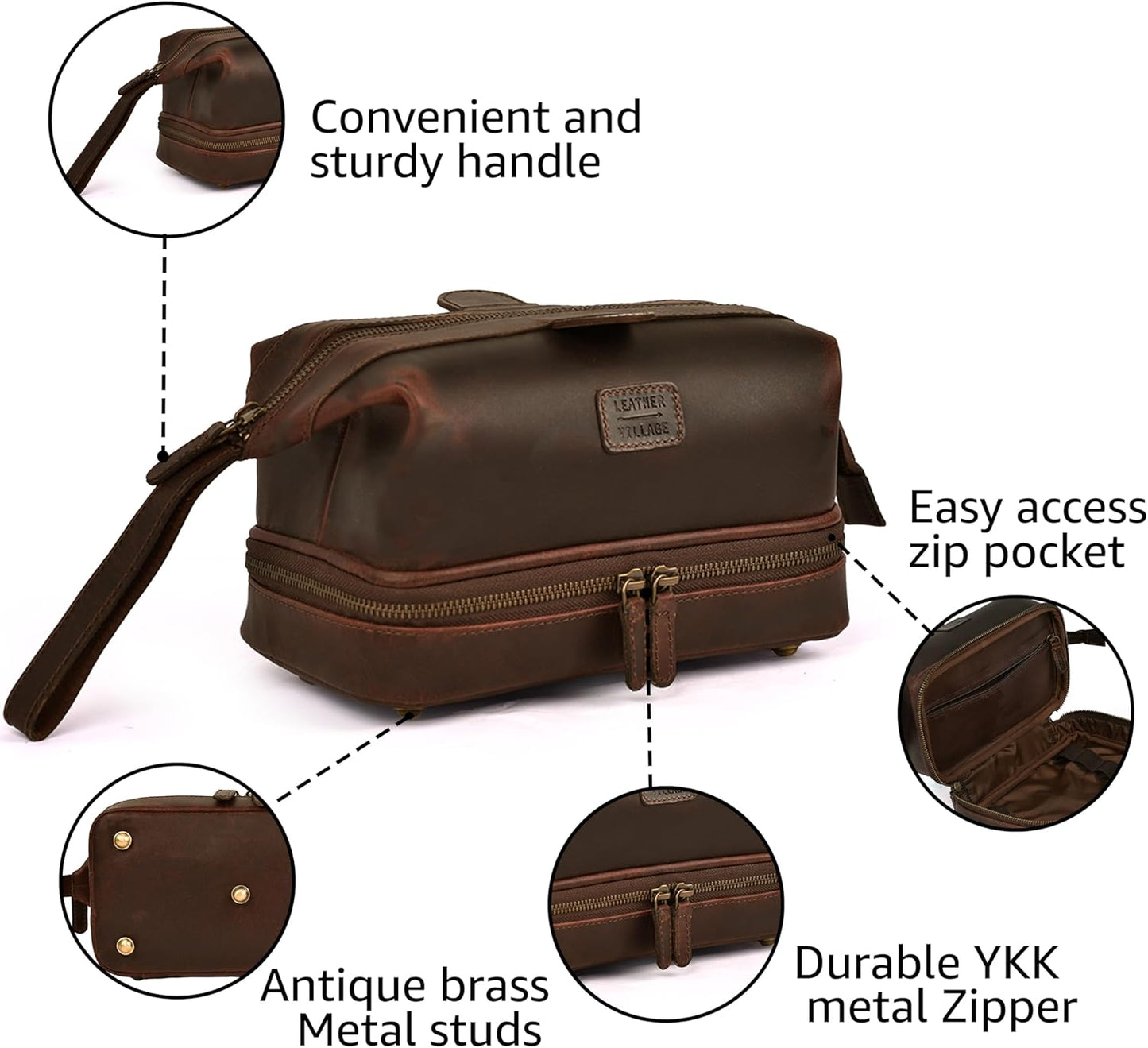 LEATHER VILLAGE Genuine Leather Dopp Kit – Large Travel Toiletry Bag with Waterproof Lining