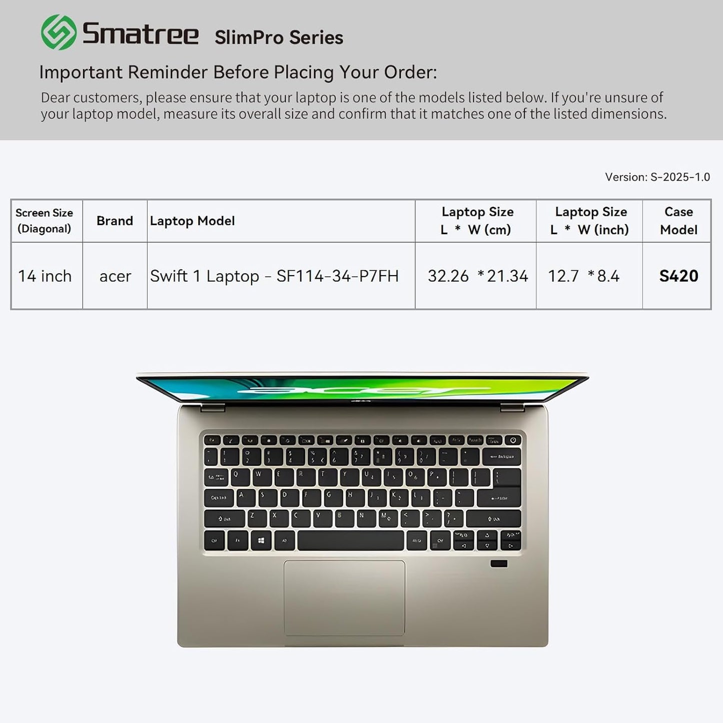 Smatree SlimPro Laptop Sleeve Case for 14 inch Acer Swift 1 Laptop - SF114-34-P7FH, Case with Swift-Access Accessory Pocket, Patented Super-Corner Design, Light Grey (S420LG)