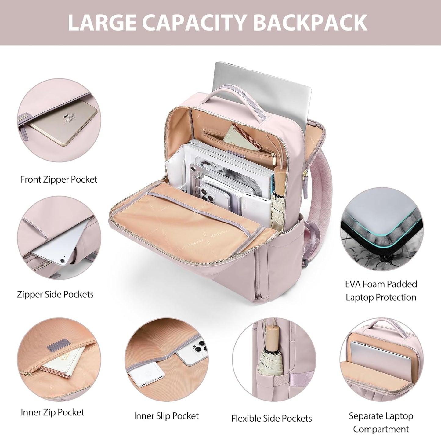 Laptop Backpack for Women, Work Business Traval Computer Backpacks with Laptop Compartment Waterproof Casual Daypack for Travel College,16Inch,Pinkish Grey