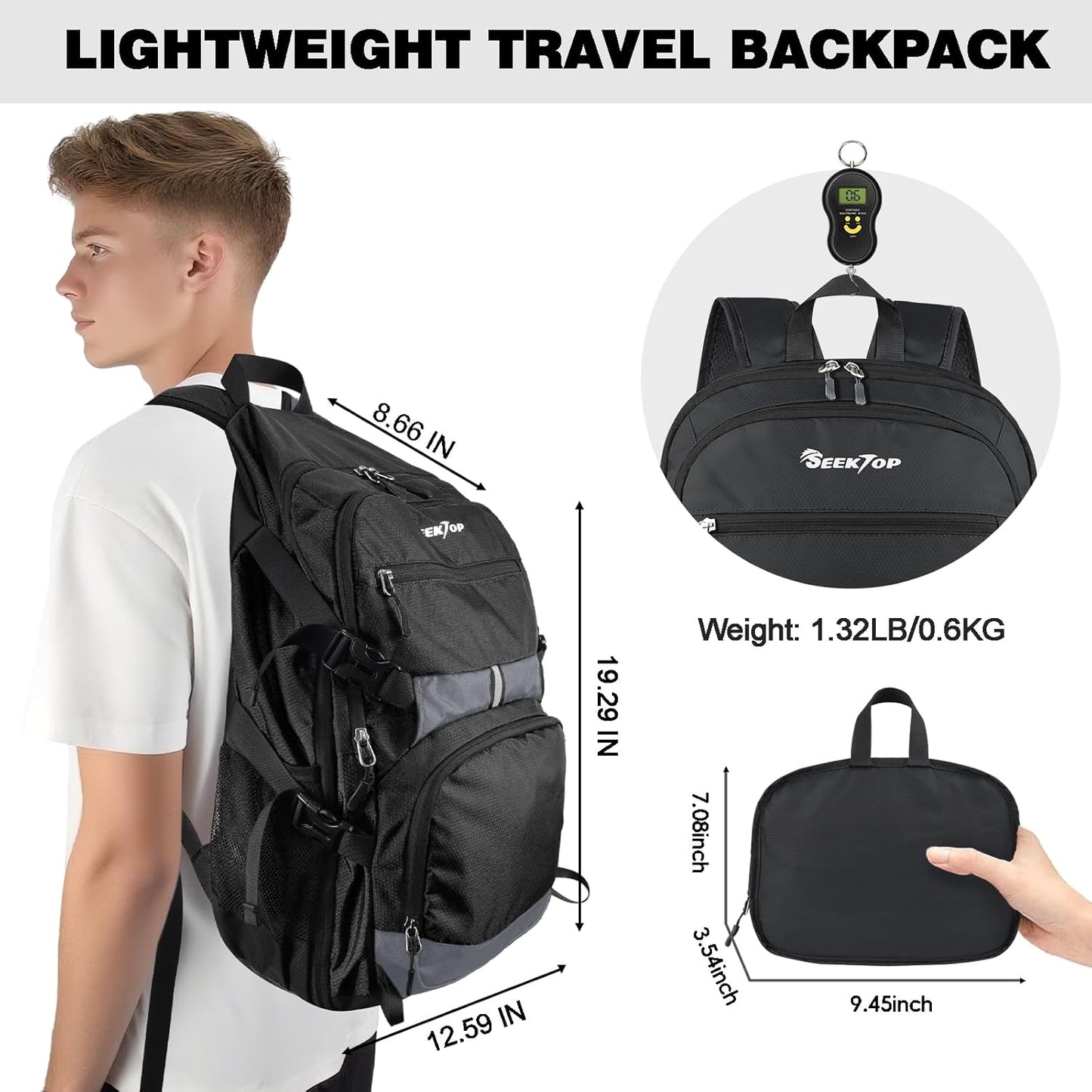 Seektop 40L Foldable Hiking Backpack for Women Men Lightweight Packable Travel Backpack Carry on Flight Approved for Outdoor Camping Sport Leisure (Black)
