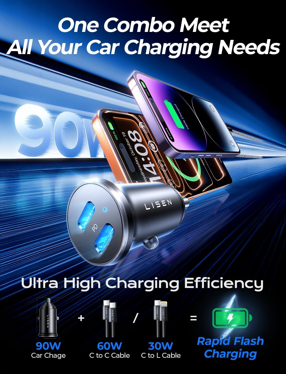 LISEN 90W for iPhone 17 Car Charger USB C Fast Charge, Dual Fast Charging Port 45W USB C Car Charger Type C Adapter with 2 Cables [Lighning&USB-C] for iPhone 17 Pro/16/15/14,Galaxy S25/S24