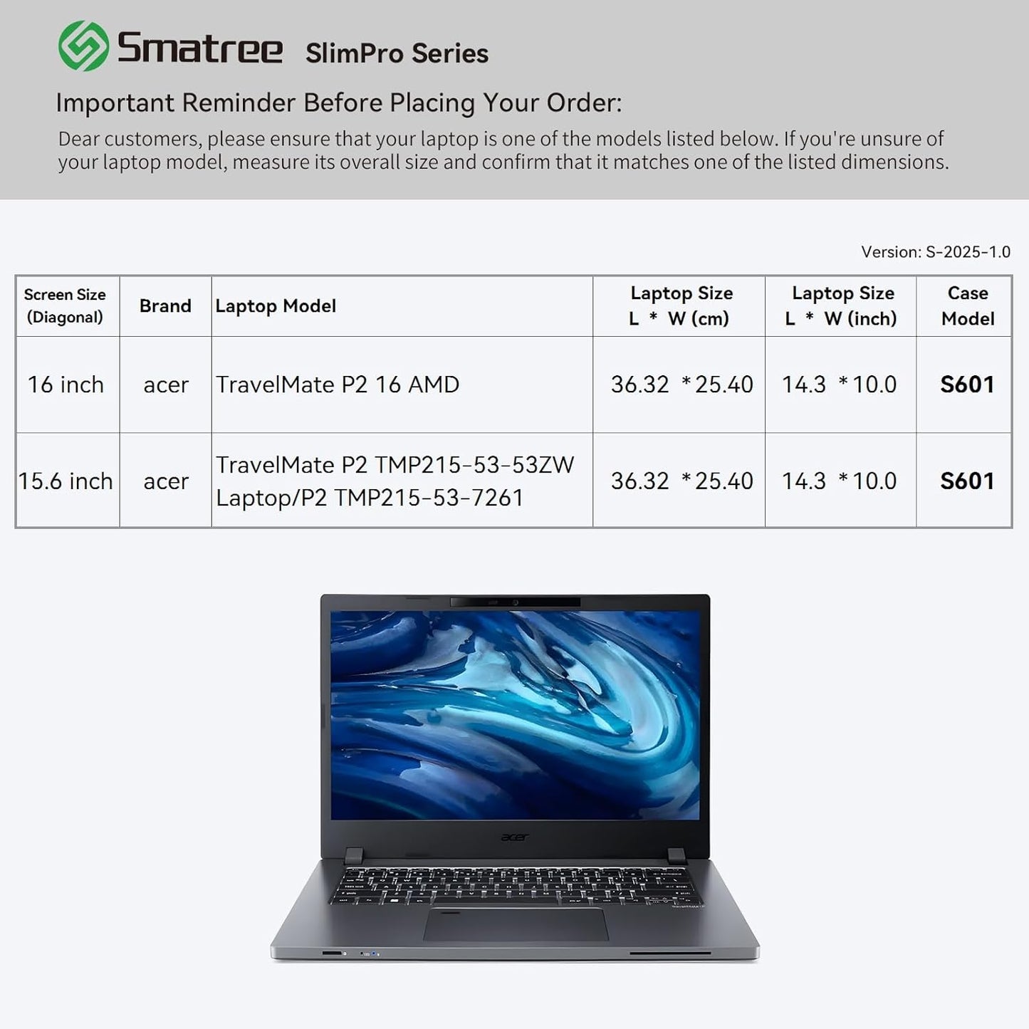 Smatree SlimPro Laptop Sleeve Case for 16 inch Acer TravelMate P2 16 AMD, for 15.6 inch TravelMate P2 TMP215-53-53ZW/7261, Case with Accessory Pocket, Patented Super-Corner Design, Light Grey (S601LG)
