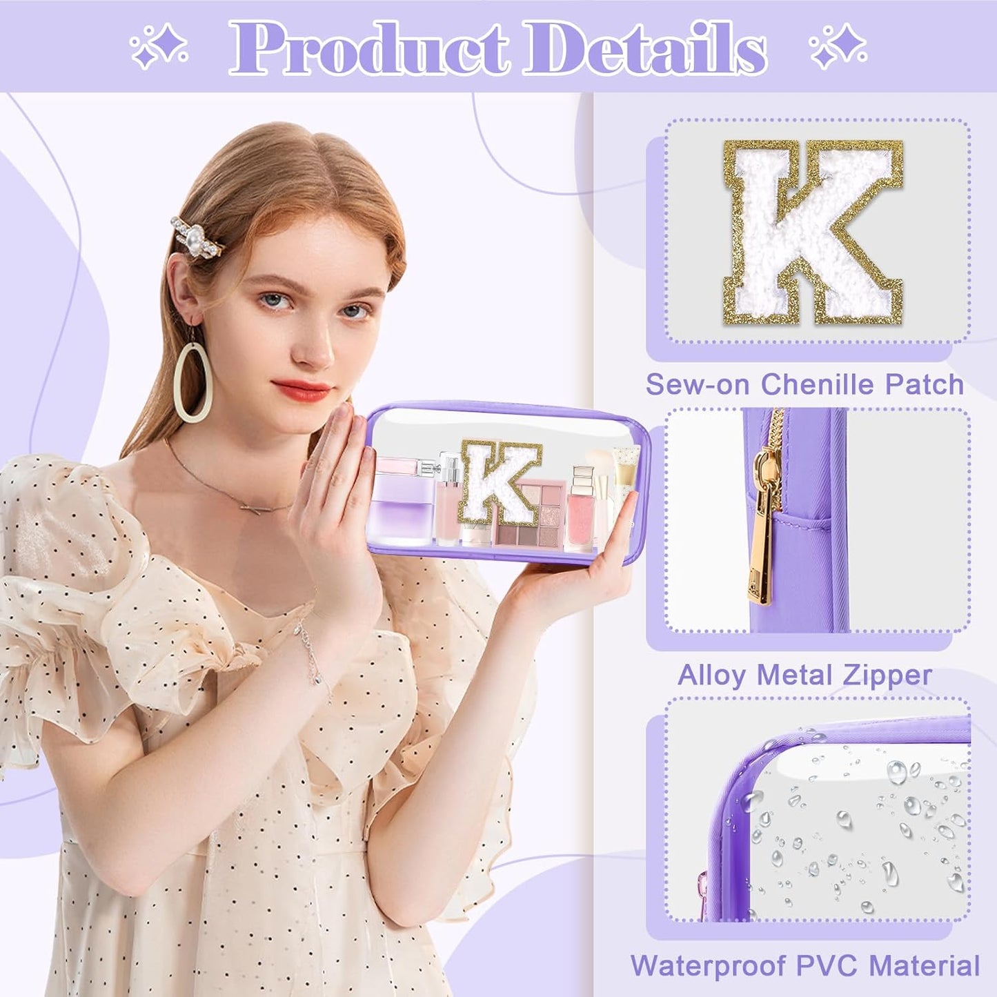 Personalized Initial Letter Clear Makeup Bag,Preppy Small Nylon&PVC Cosmetic Zipper Bag with Chenille Letter,Travel Skincare Toiletry Bag,Monogram Christmas Gift for Teen Girls Women,K