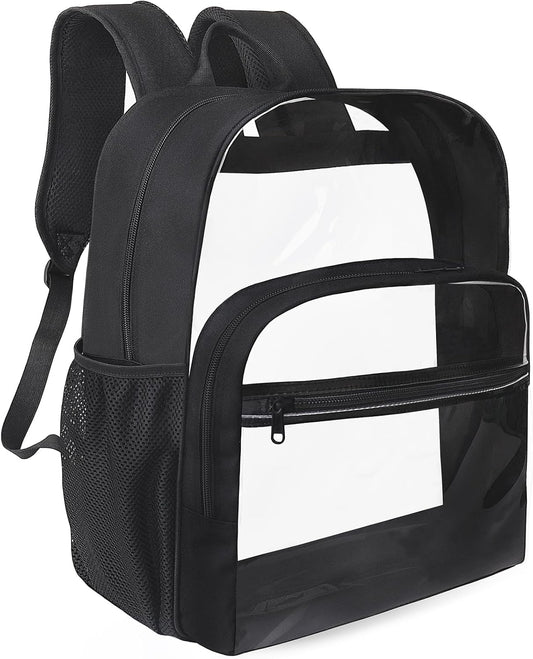 Clear Backpack for School, Heavy Duty Transparent Backpack with 0.6 mm PVC Bookbag 18 inch Clear Bag, Black