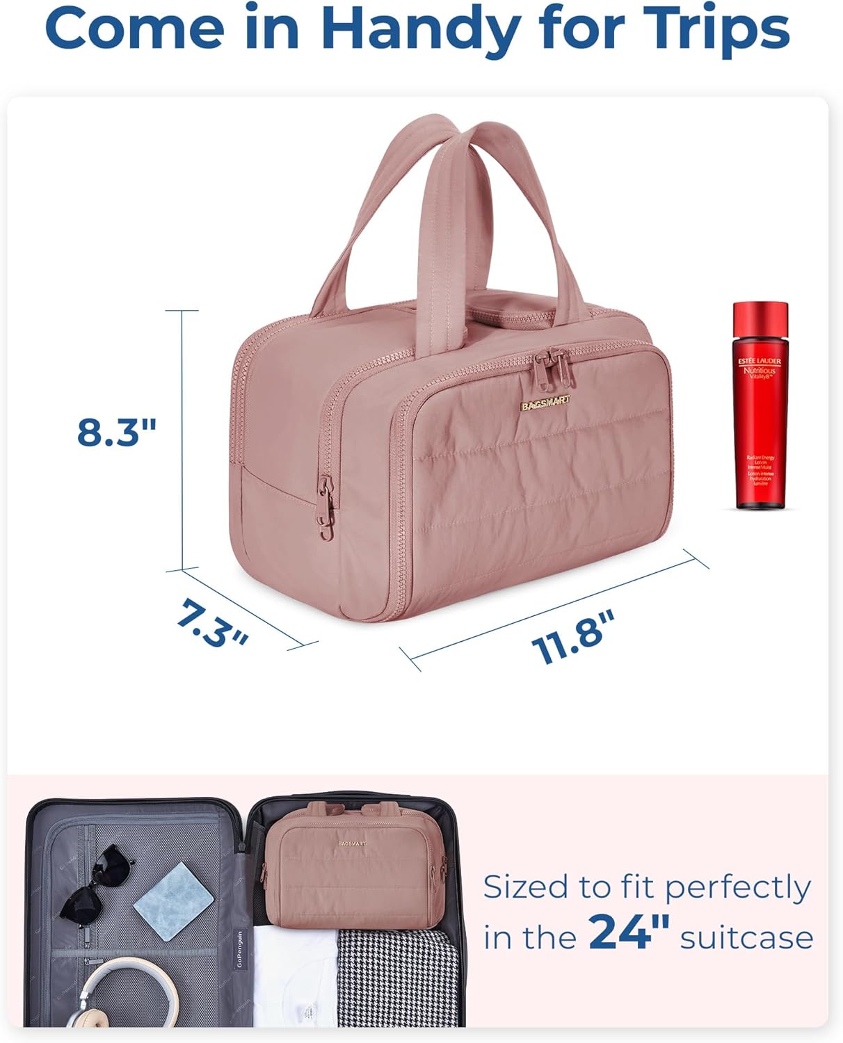 BAGSMART Travel Toiletry Bag, Lightweight Large Wide-open Travel Bag for Women, Puffy Cosmetic Makeup Bag Organizer with Handle for Accessories,Essentials, Toiletries, Dark Pink