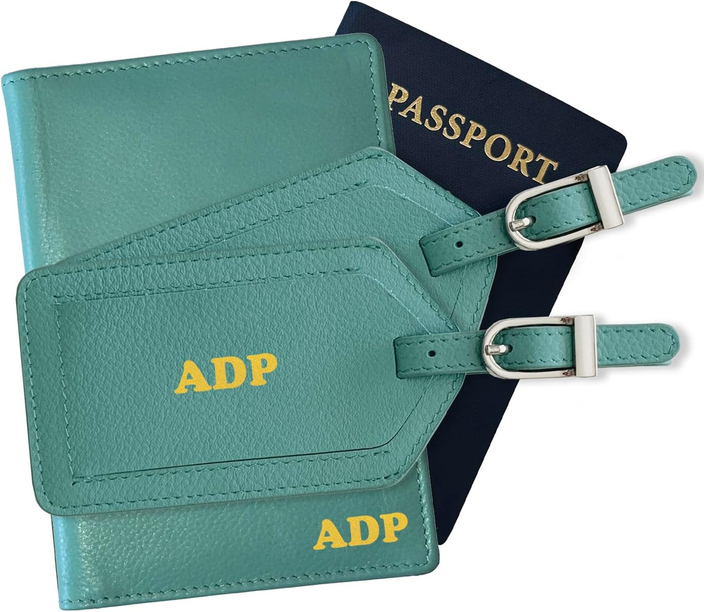 Personalized Monogrammed Turquoise Leather RFID Passport Wallet and 2 Luggage Tags