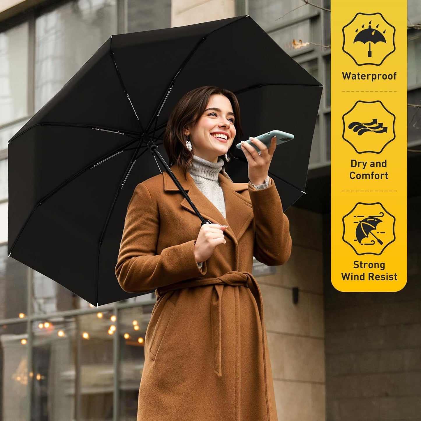 Windproof Travel Umbrella, Compact Umbrella, Car Umbrellas for Rain & Sun, 8 Fiberglass Ribs for Strong UV & Wind Resistance, Portable, Lightweight, Vent, Easy Automatic Open/Close