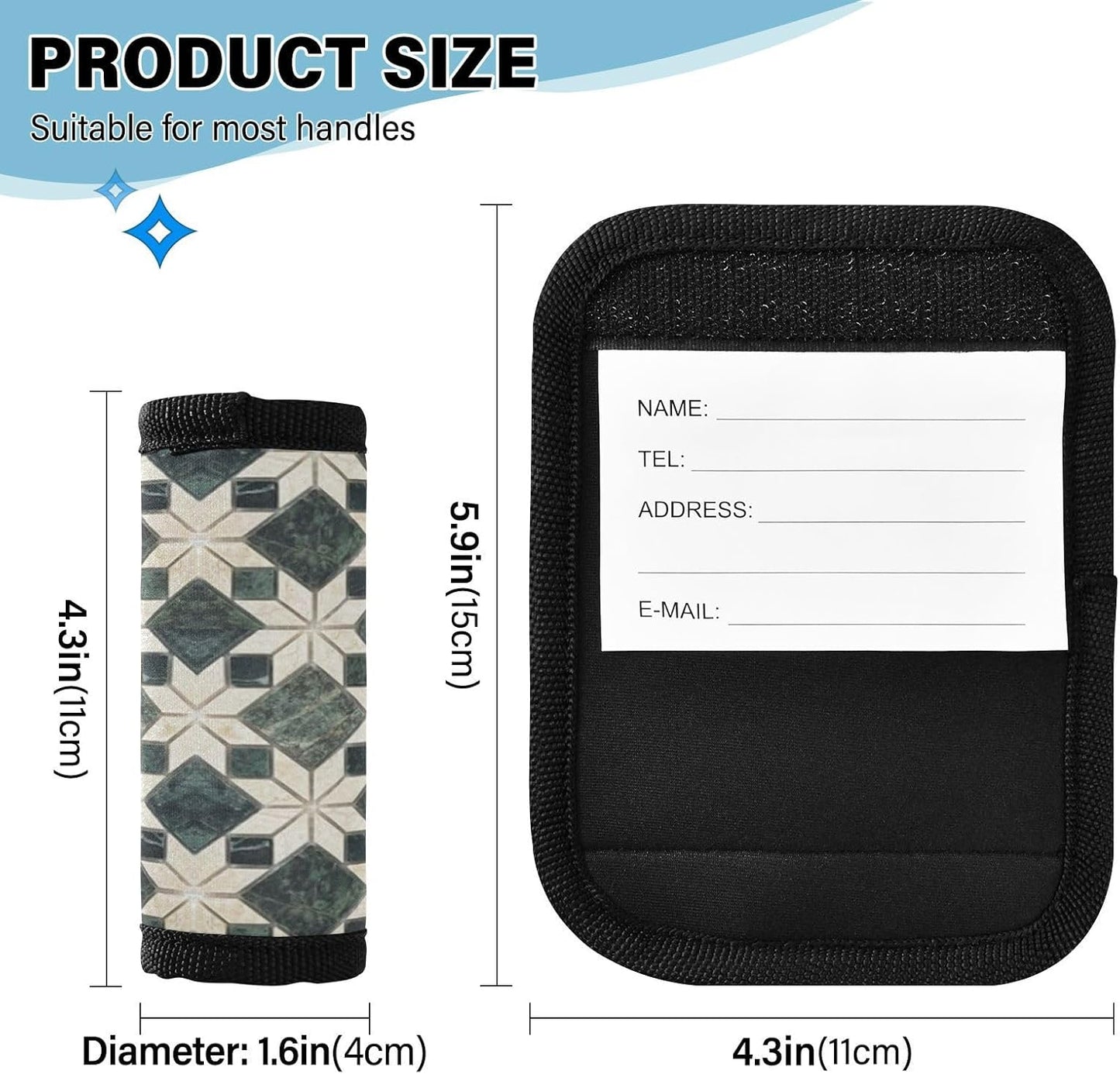 2Pcs Luggage Handle Wrap Suitcase Identifier Handle Covers Tags Soft Travel Bags Luggage Handle Gripper Accessories for Airplane Flying Dark Green Ceramic Tiles