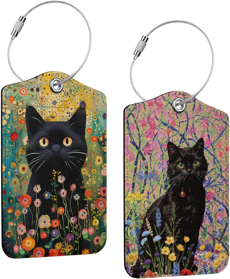 2 PCs Floral Cat Stuff Luggage Tag, Suitcase Tags with Privacy Flap and Metal Loop, Luggage Tags for Suitcases, Identifiers Travel Essentials Bag Tag, Cat Lovers Gifts for Women Girls Friends Bestie