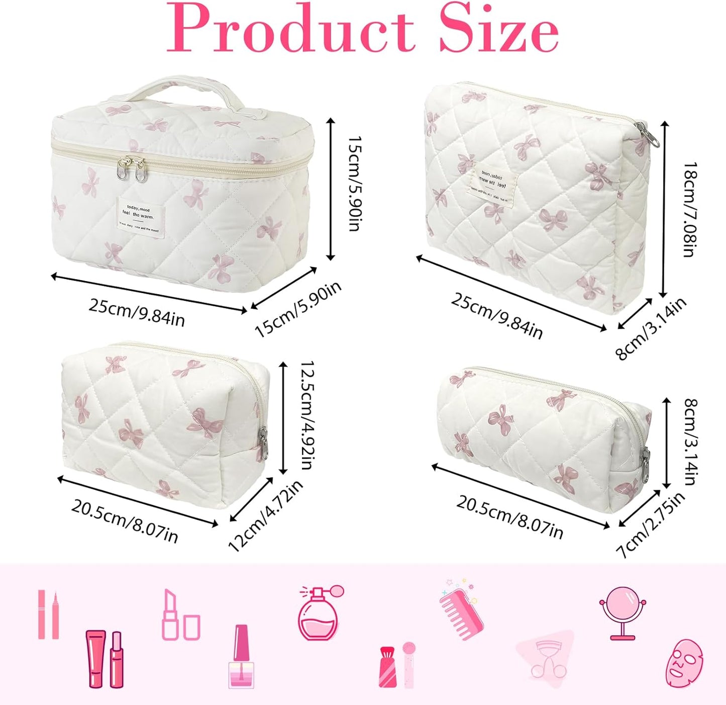 Quilted Makeup Bag, Large Capacity Travel Cosmetic Bag for Women and Girls, Aesthetic Storage for