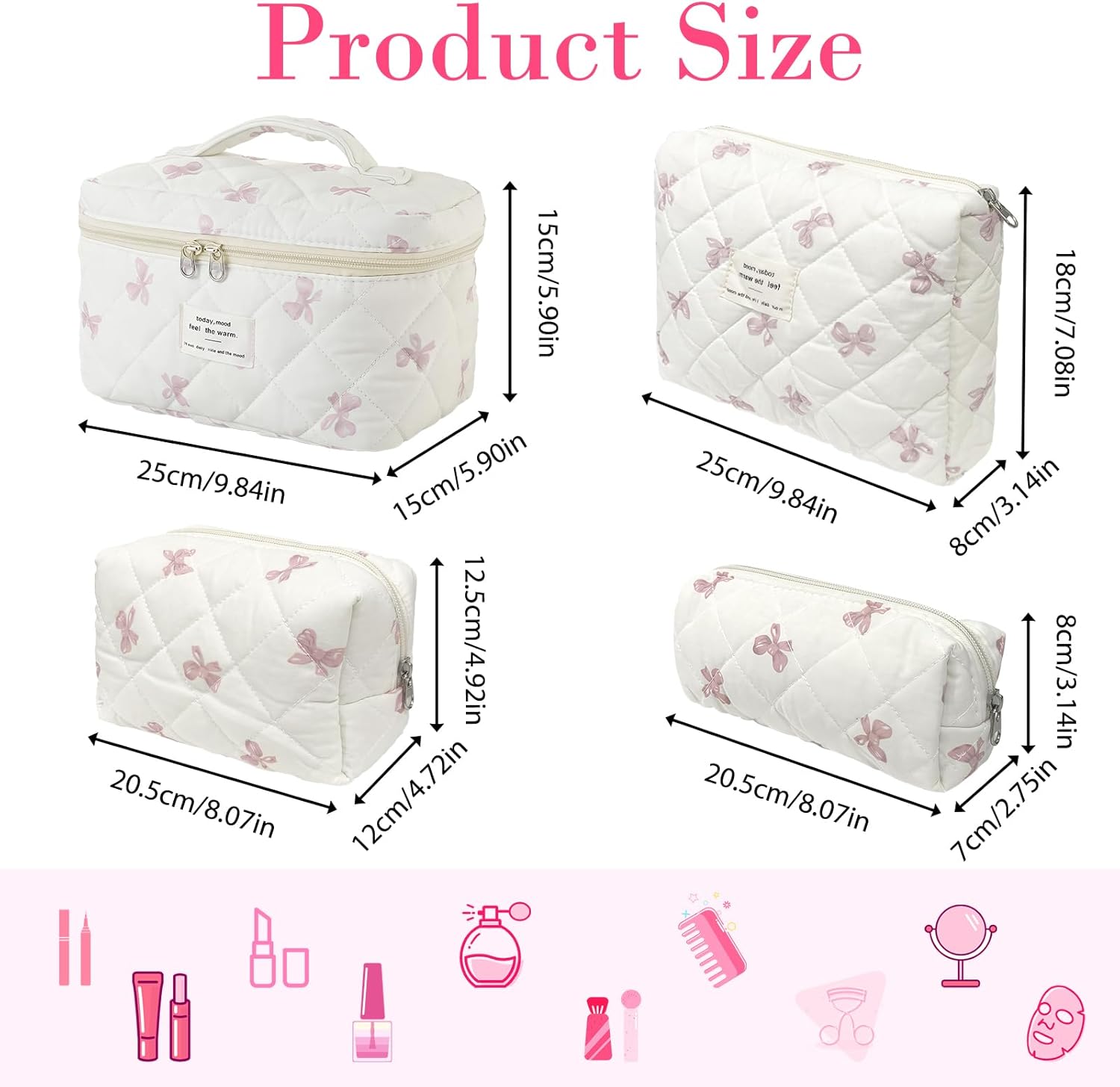 Quilted Makeup Bag, Large Capacity Travel Cosmetic Bag for Women and Girls, Aesthetic Storage for