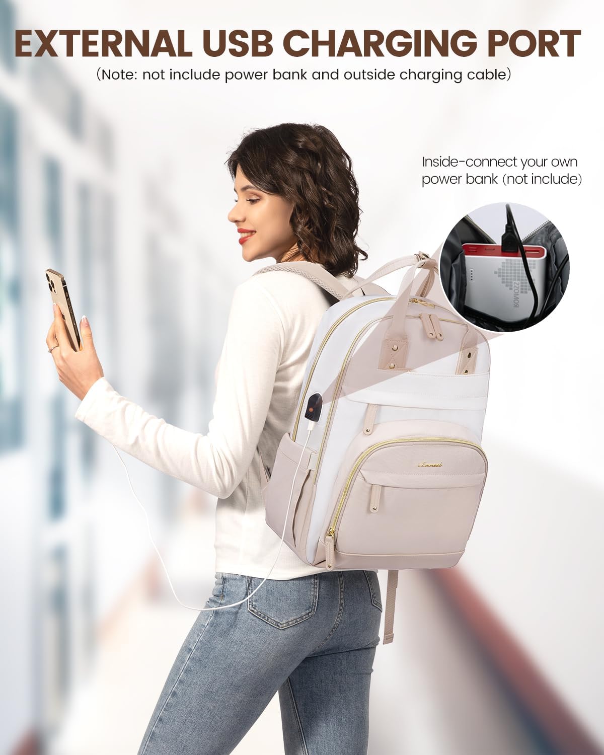 LOVEVOOK Backpack for Women,Laptop Backpack Women,Fits 15.6 Inch Laptop Bag,School Backpack,Fashion Travel Work Anti-theft Bag,Waterproof Business Computer College Backpack Purse,Beige white-Grey pink