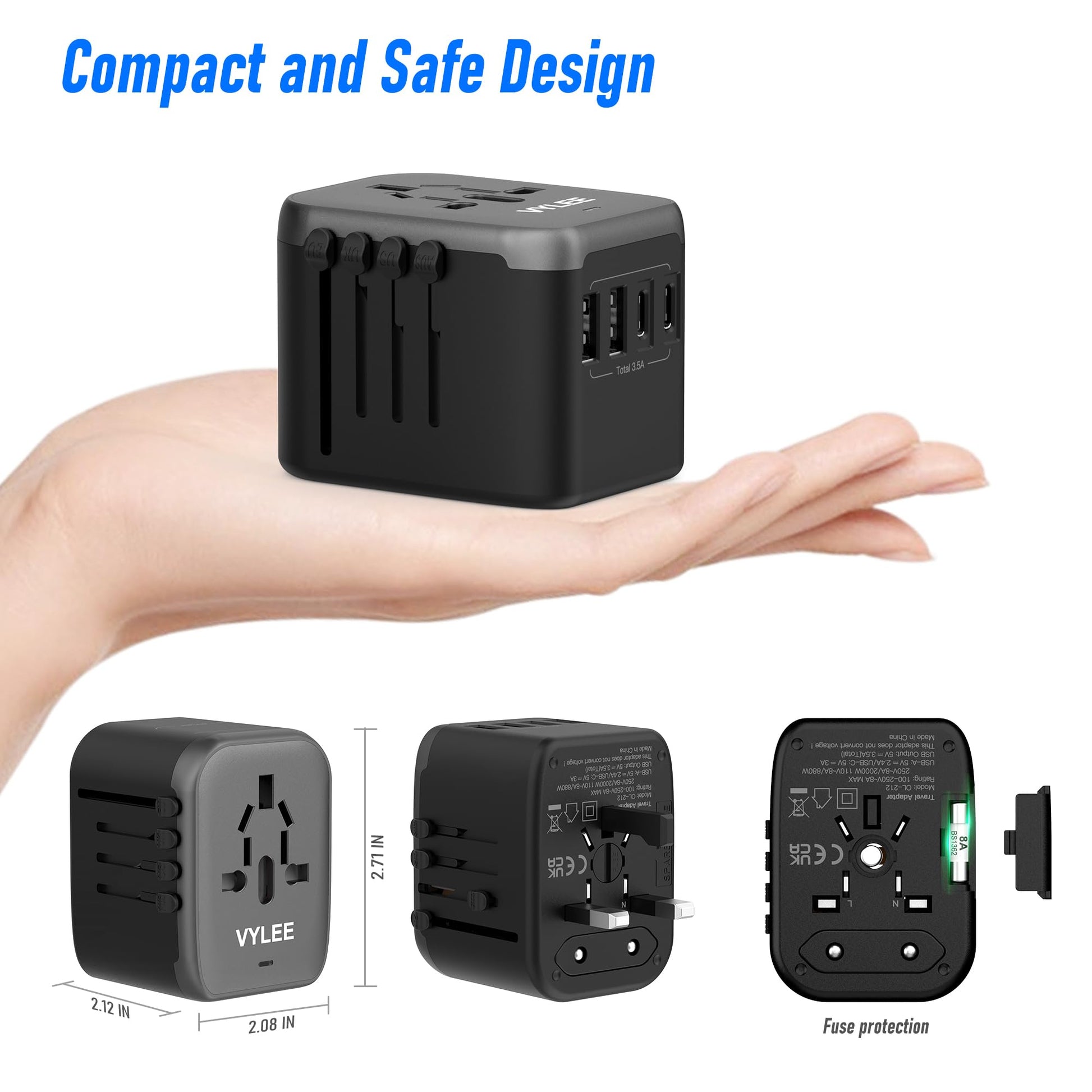 VYLEE Universal Travel Adapter, 5 in 1 International Power Adapter