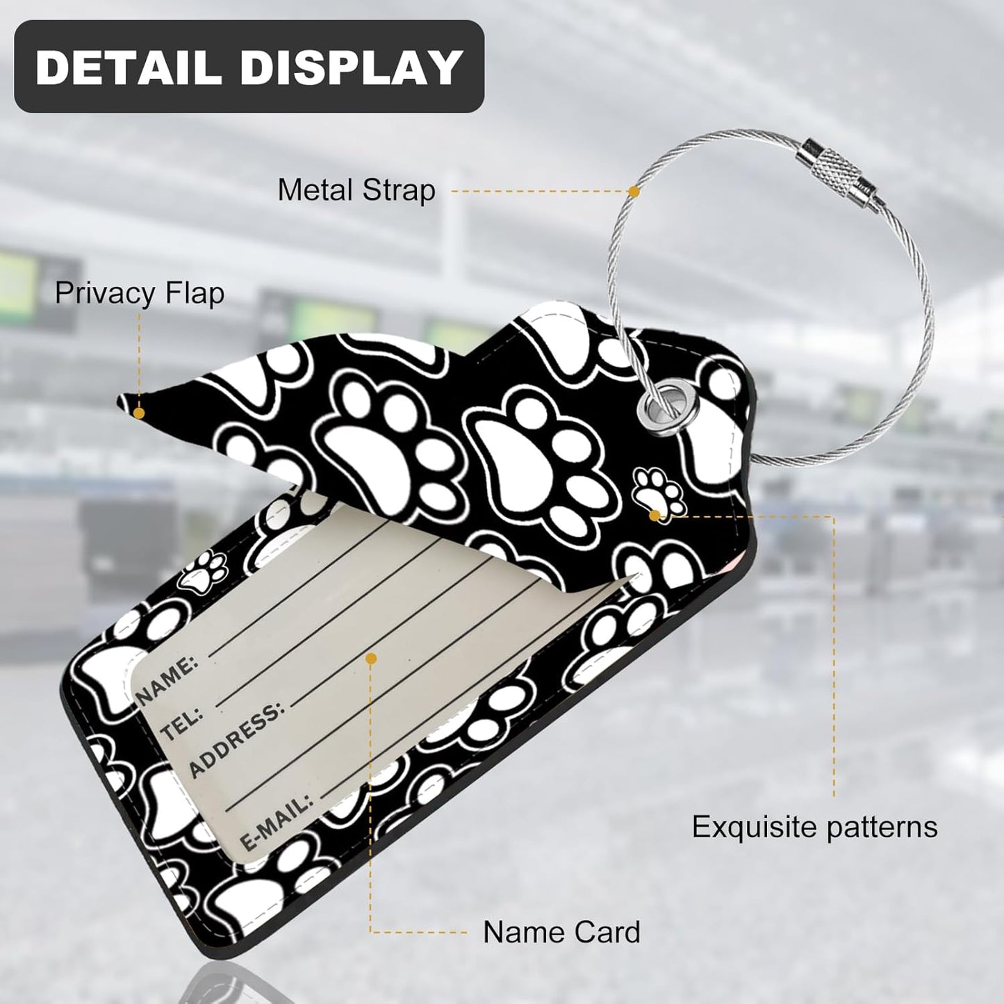2Pack Luggage Tags for Suitcases, Cute Unique Pu Leather Cruise Luggage Tag with Privacy Cover ID Label Address Card and Metal Ring Suitable for Women Men Kids Travel Bag Black and White paw Print