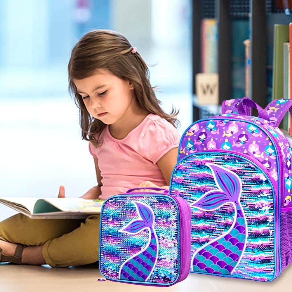 3PCS Girls Backpack, 16" Sequin Prechool Elementary Bookbag and Lunch Box