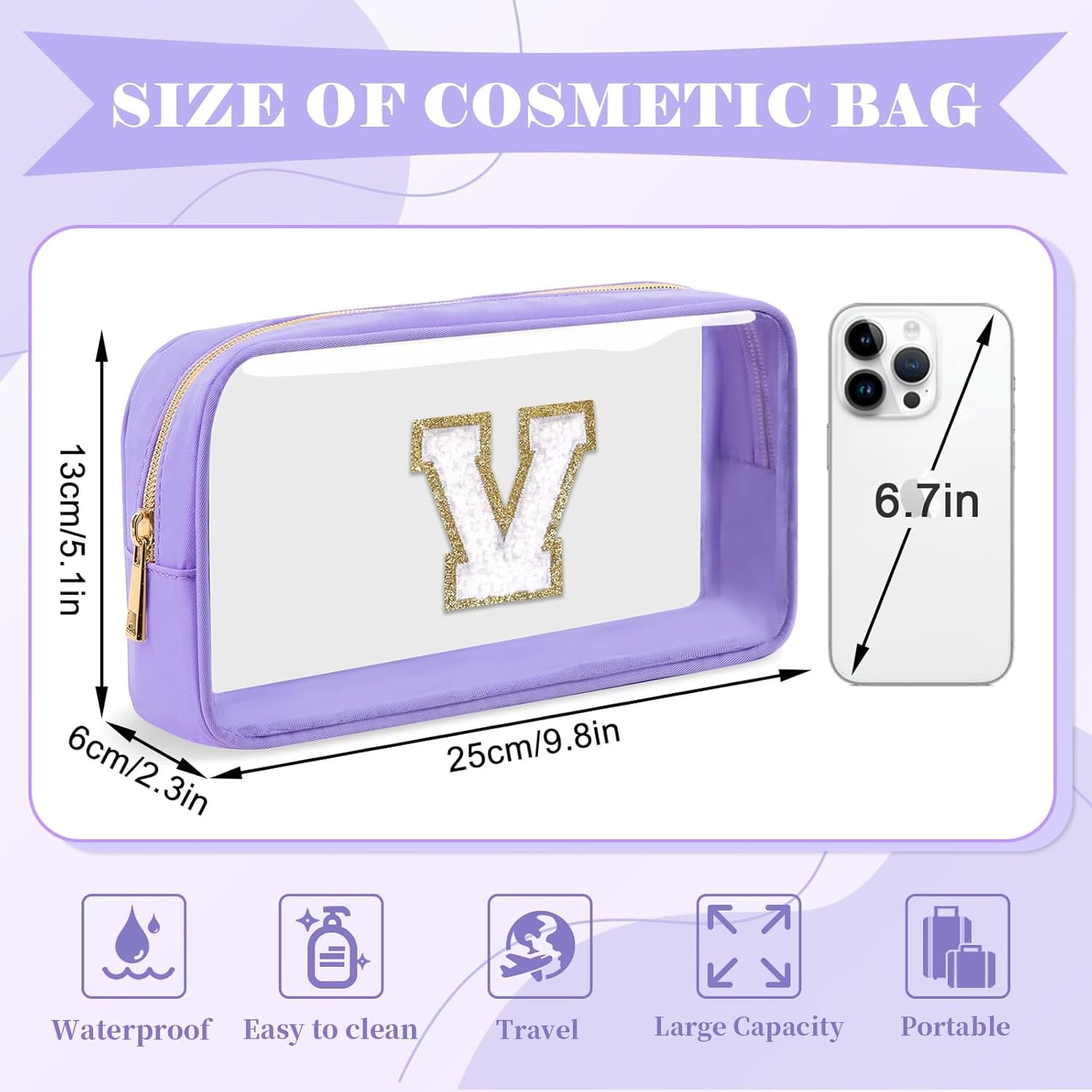Personalized Initial Letter Clear Makeup Bag,Preppy Small Nylon&PVC Cosmetic Zipper Bag with Chenille Letter,Travel Skincare Toiletry Bag,Monogram Christmas Gift for Teen Girls Women,V