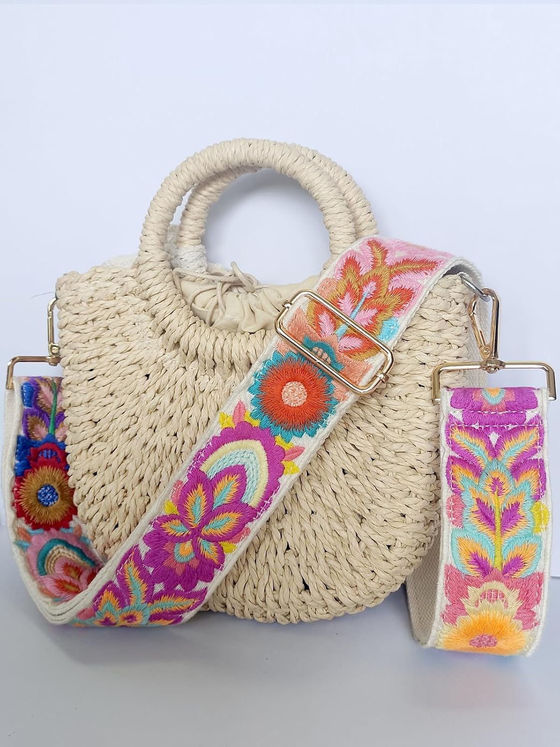 Embroidery Flower Purse Strap Replacement Crossbody 2 Inch Wide with Letter S Keychain for Women's Handbags