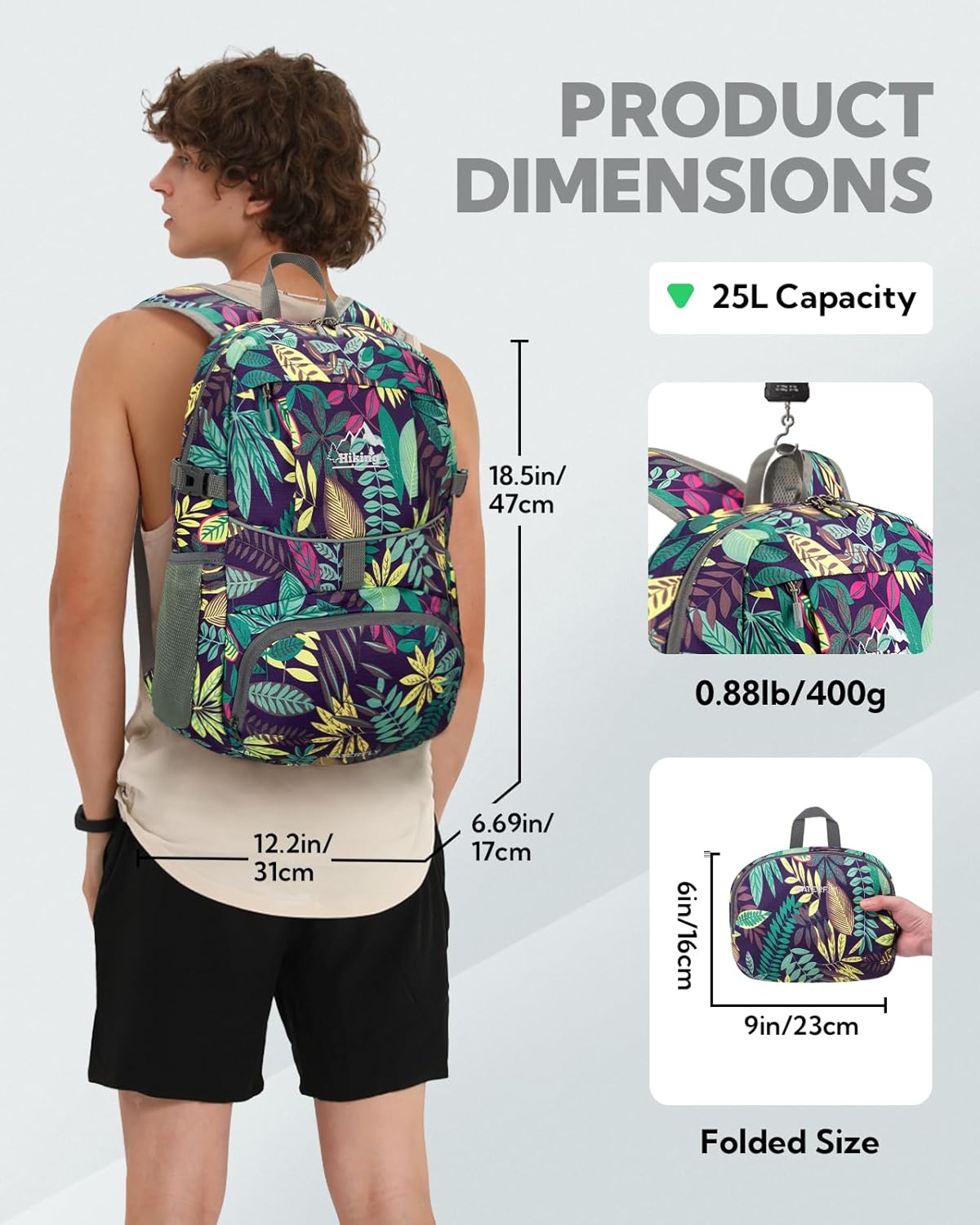 WATERFLY Hiking Packable Daypack Backpack: 25L Ultra Lightweight Day Pack for Woman Man - Small Compact Folding Back Pack for Outdoor Sport Cycling Camping Travel Trip - Print