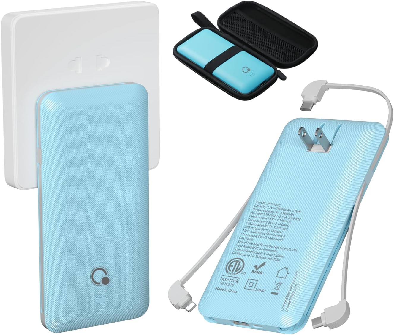 Q 10000mAh Power Bank, Slim Portable Charger,4 Output External Battery Pack with Built-in AC Wall
