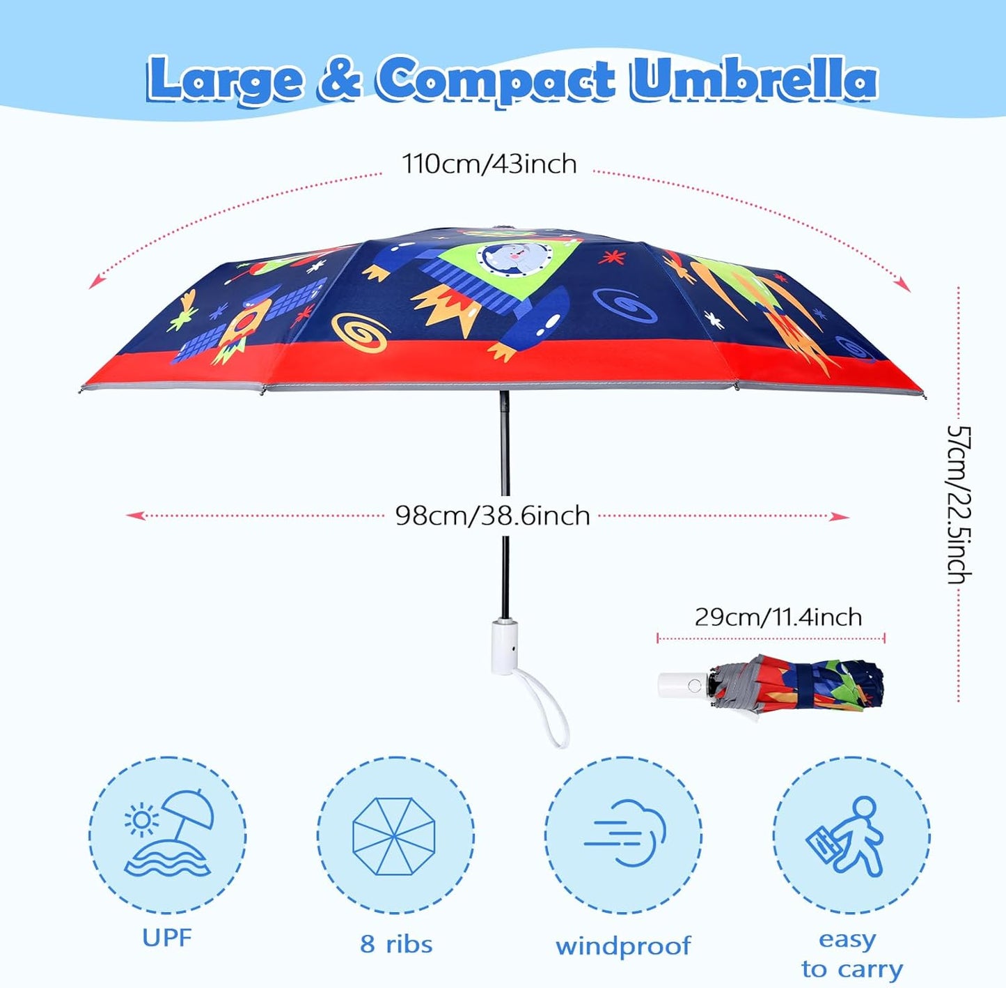 Kids Folding Umbrella Auto Open/Close Anti-rebound Safe Design UV Resistant Automatic Children Travel Umbrellas 8 Rib Reinforced Canopy 360° Reflective Strip Lightweight Cute Umbrella for Girls & Boys