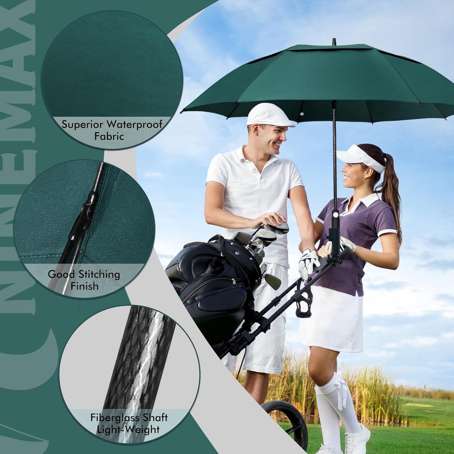 NINEMAX Golf Umbrella 51/54/62/68 Inch Automatic Open, Large Double Canopy Vented Oversize Stick