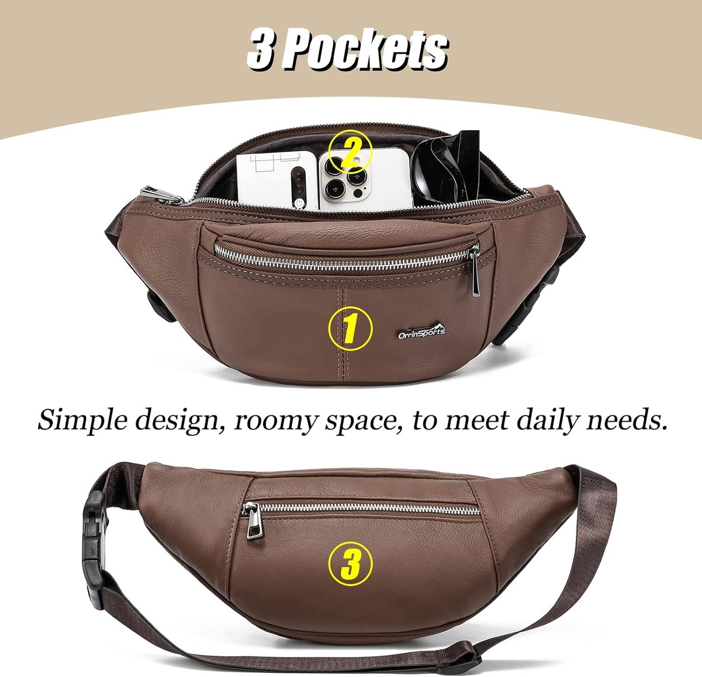Brown Fanny Pack for Women Genuine Leather Multiple Pockets Metal Zippers Waist Bag for Travel Hiking Cycling Fishing Running