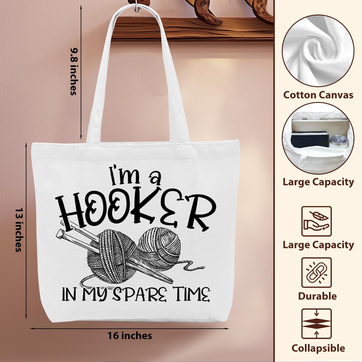 Crochet Knitting Humor Yarn Gifts Canvas Tote Bag, Reusable Grocery Shopping Bags for Crocheters Christmas